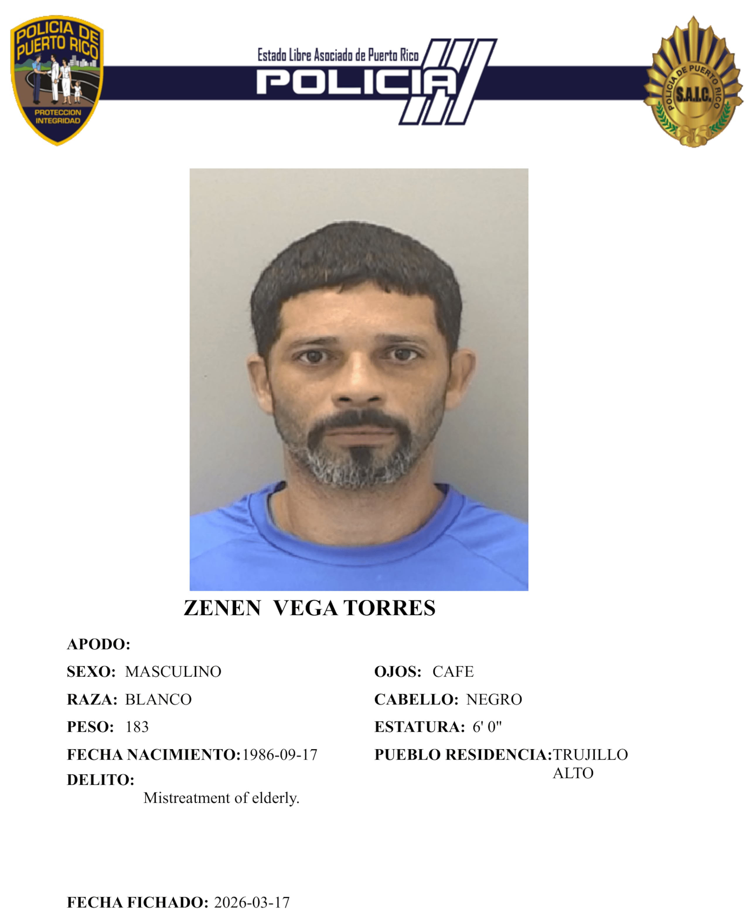 Ficha policíaca del imputado, Zenen Vega Torres, de 39 años y residente de Trujillo Alto.