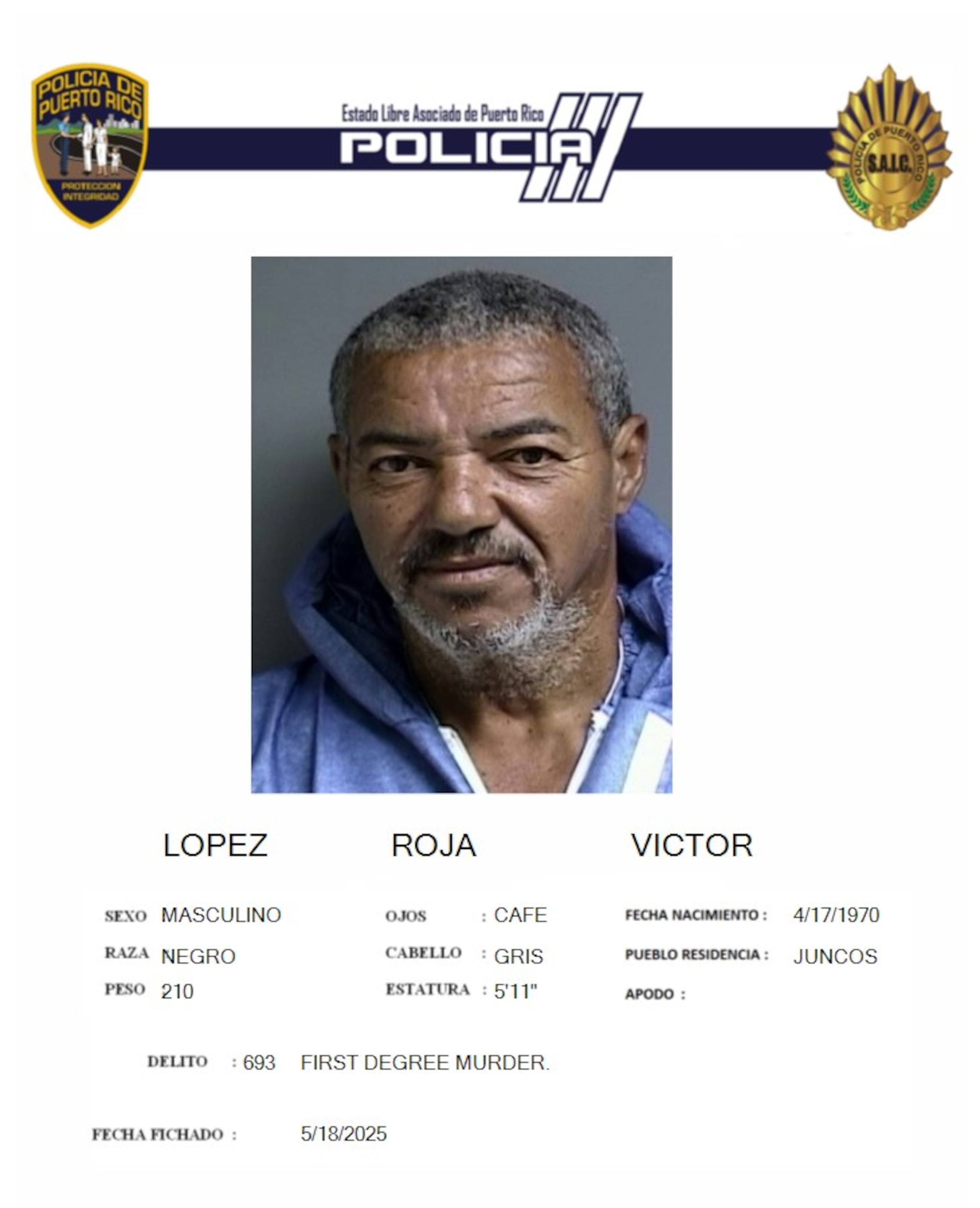 El imputado fue identificado como Víctor López Rojas, de 55 años y residente de Juncos.