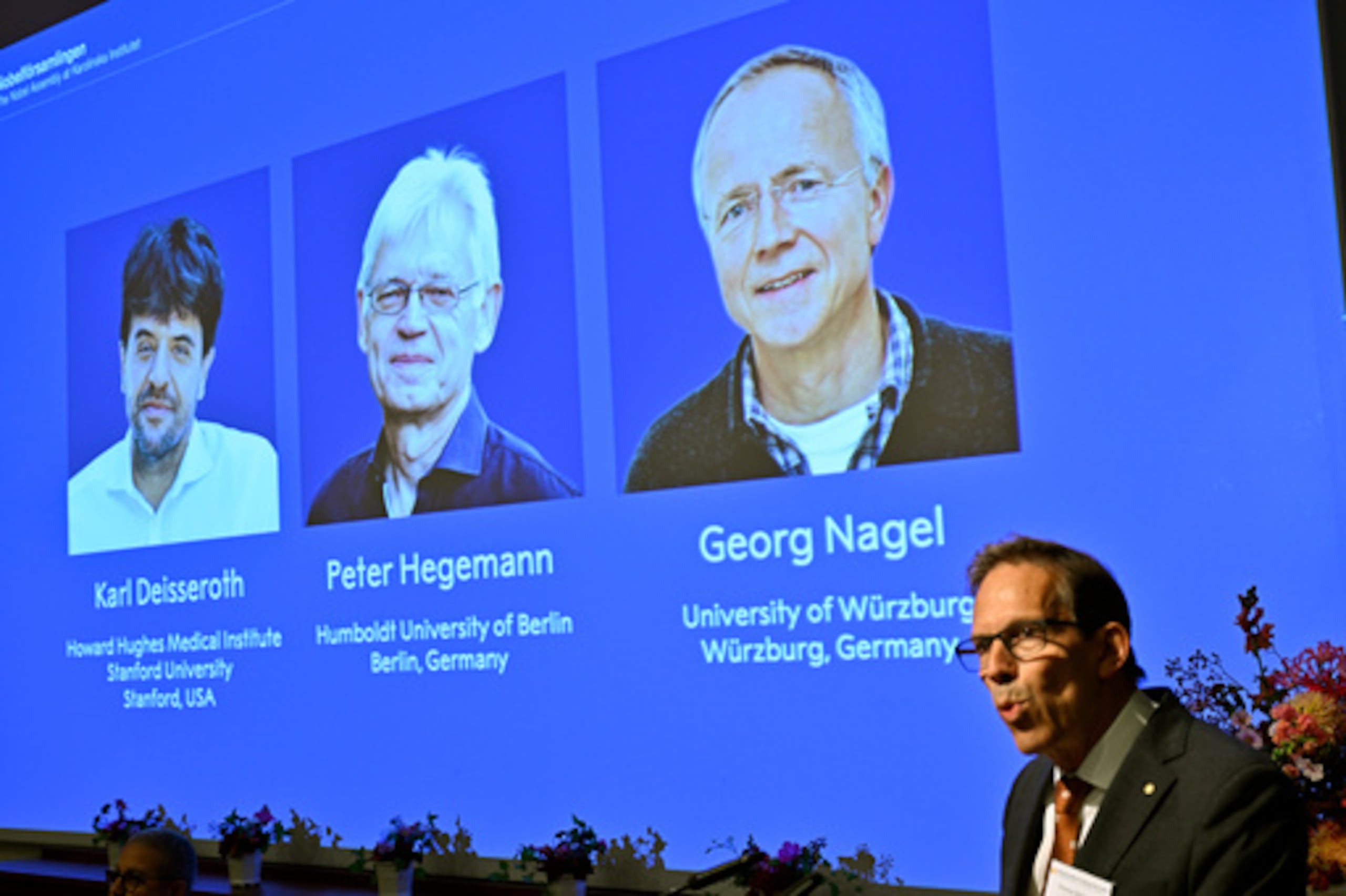 En la pantalla aparecen Karl Deisseroth, Peter Hegemann y Georg Nagel en el momento de recibir el Premio Nobel de Fisiología o Medicina de 2026, tal y como se anunció durante una rueda de prensa celebrada en el Foro Nobel del Instituto Karolinska de Estocolmo (Suecia), el 5 de octubre de 2026. (Pontus Lundahl/Agencia de Noticias TT vía AP)