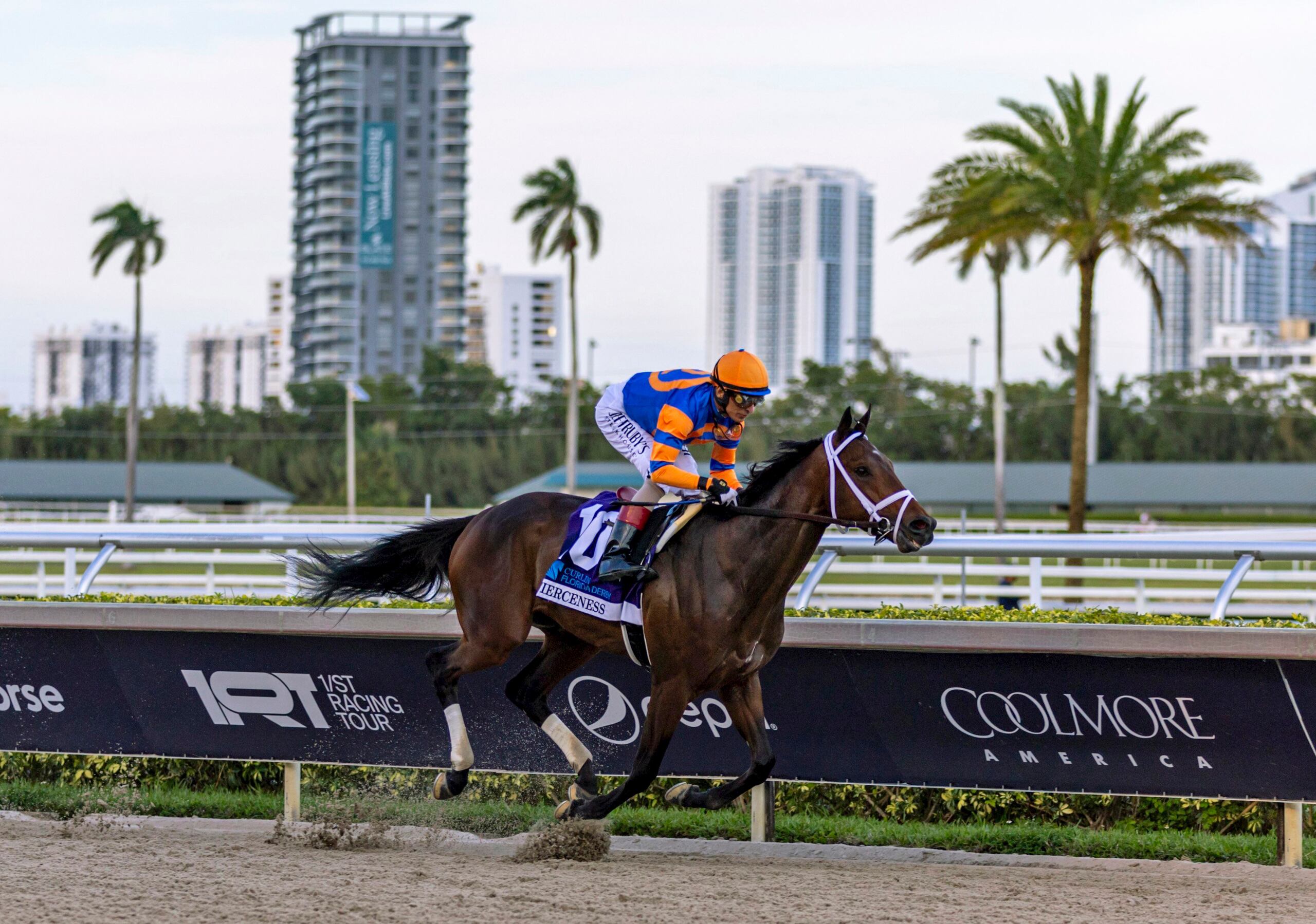Fierceness, con jockey John R. Velázquez, gana la edición 73 del Florida Derby en el Gulfstream Park en Hallandale Beach, Florida.