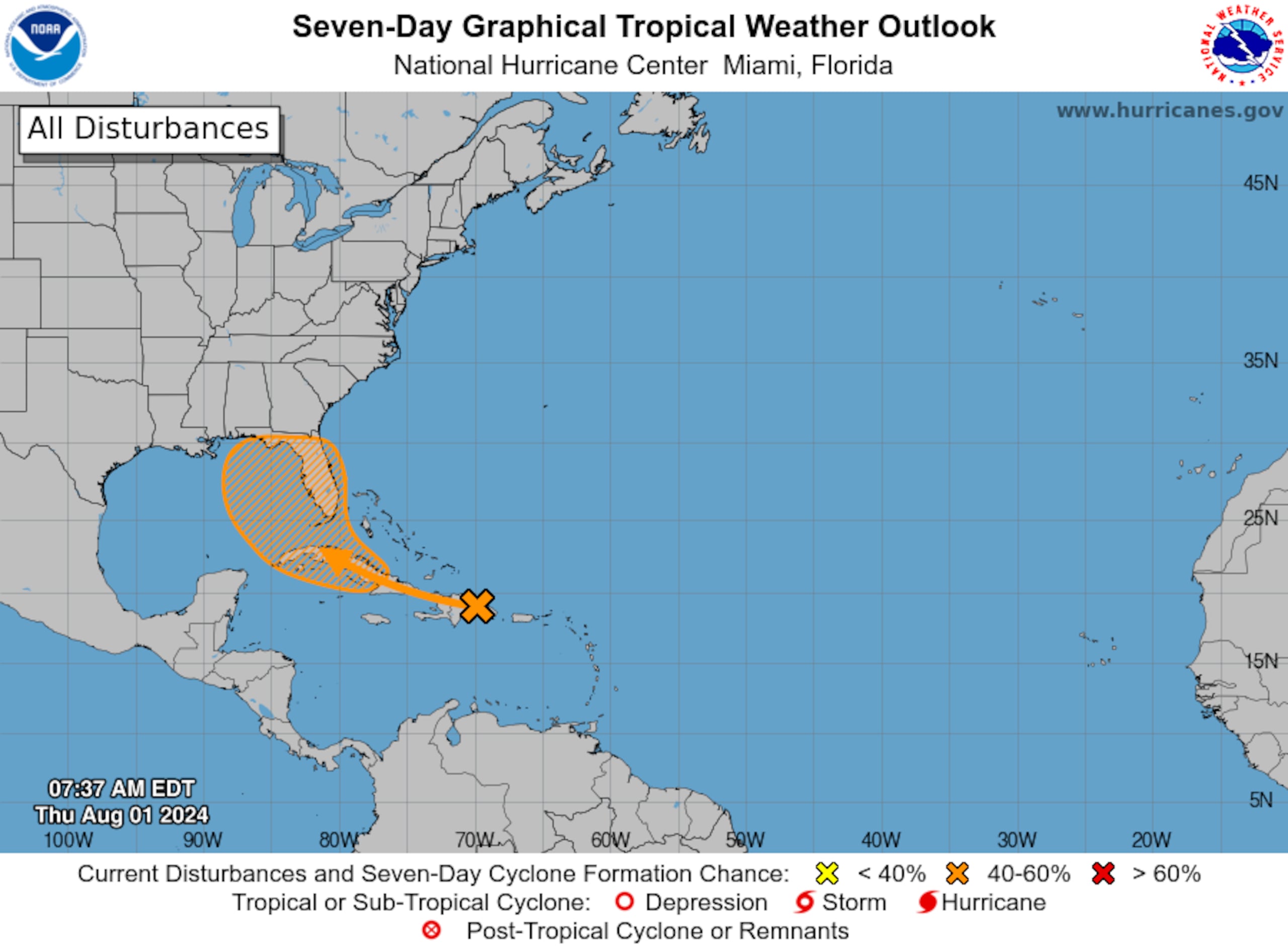 La onda tropical también afectaba esta mañana a La Española, según datos de Centro Nacional de Huracanes.