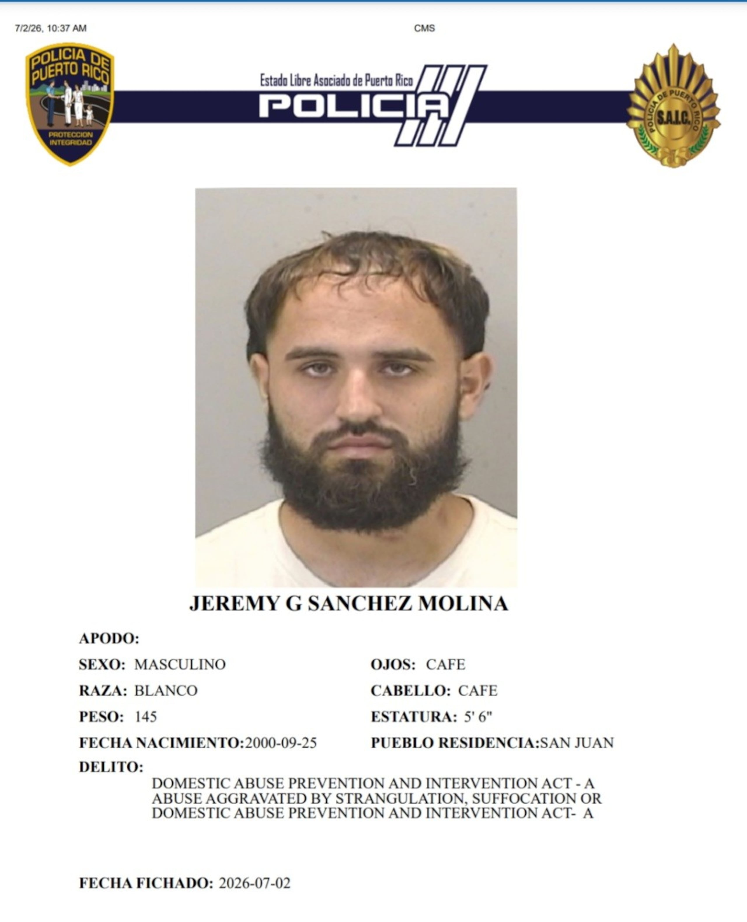 Jeremy G. Sánchez Molina, enfrenta un cargo por maltrato agravado por violencia doméstica.
