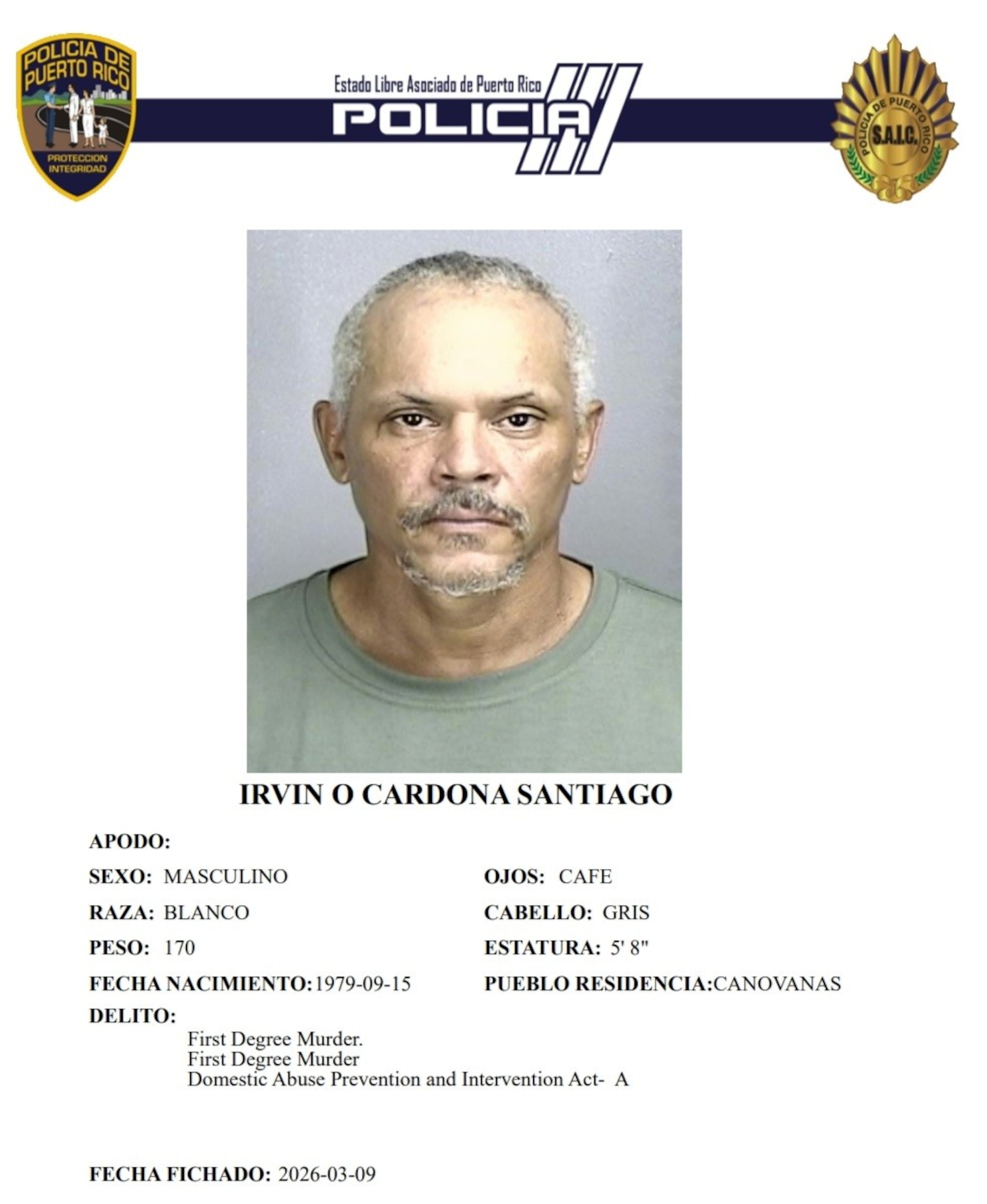 Irvin O. Cardona Santiago, enfrenta cargos por feminicidio y violencia doméstica contra su expareja.