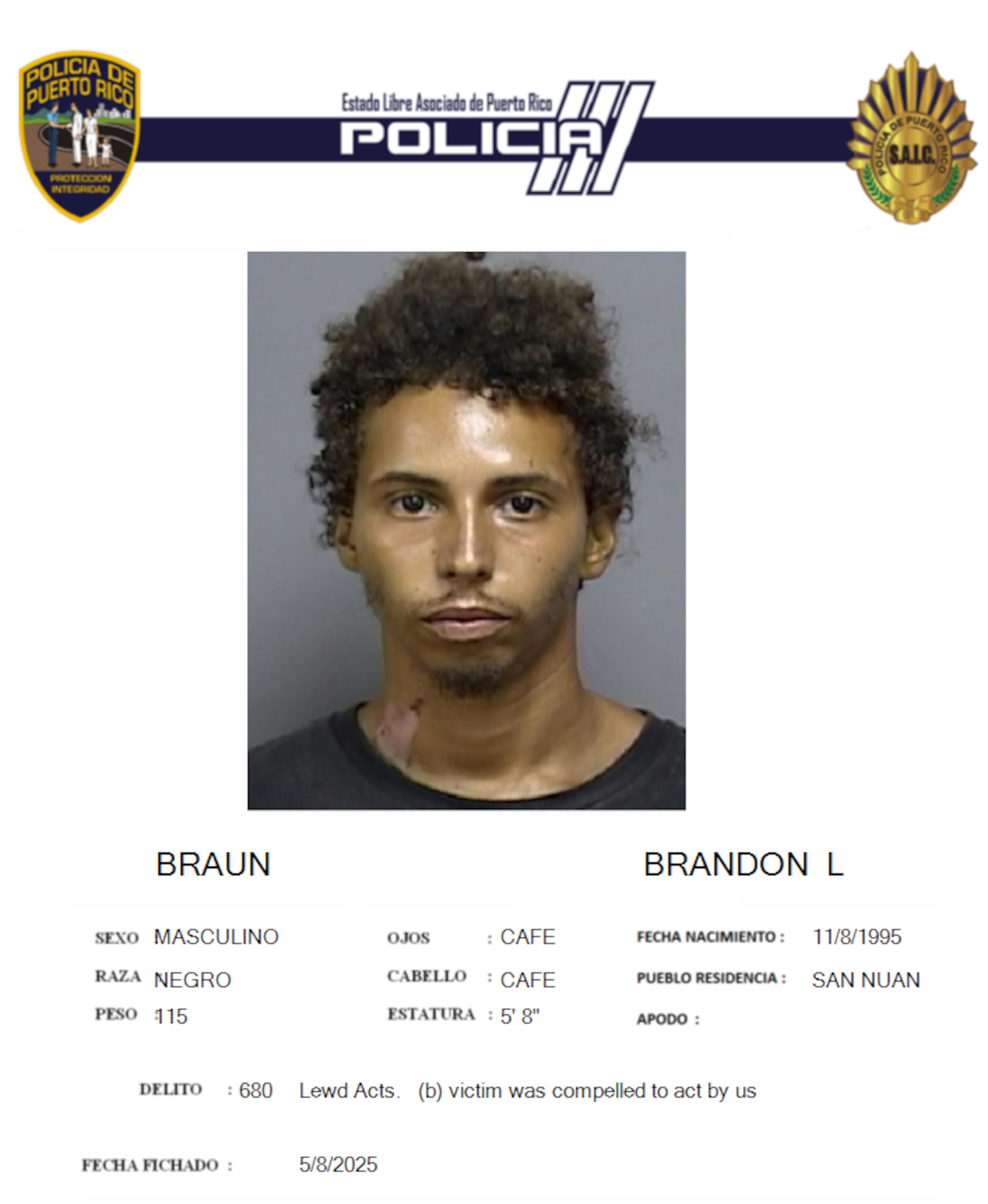 Brandon Lee Braun, fue encarcelado tras ser acusado por el delito de actos lascivos.