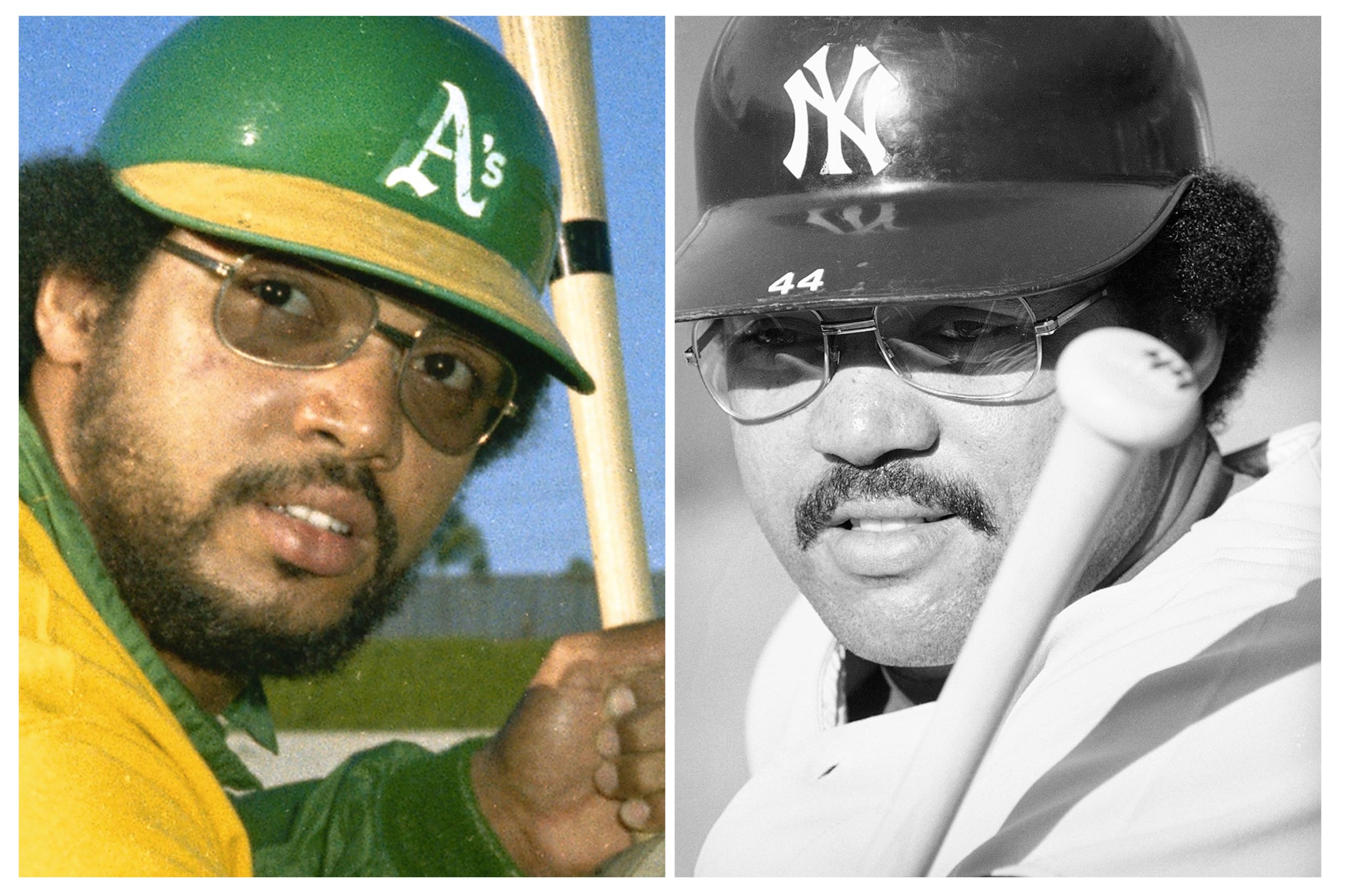 Esta combinación de fotos de archivo muestra al jugador de los Athletics de Oakland, Reggie Jackson, a la izquierda, en 1973, y como jugador de los Yankees de Nueva York el 10 de octubre de 1978.