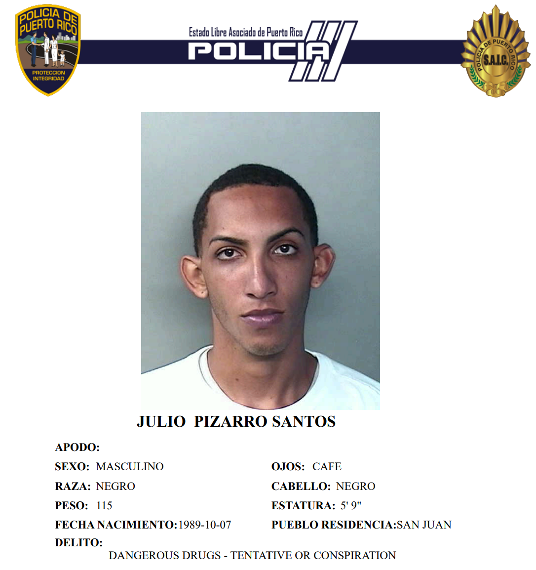 Ficha policiaca de Julio Pizarro Santos, de 35 años.