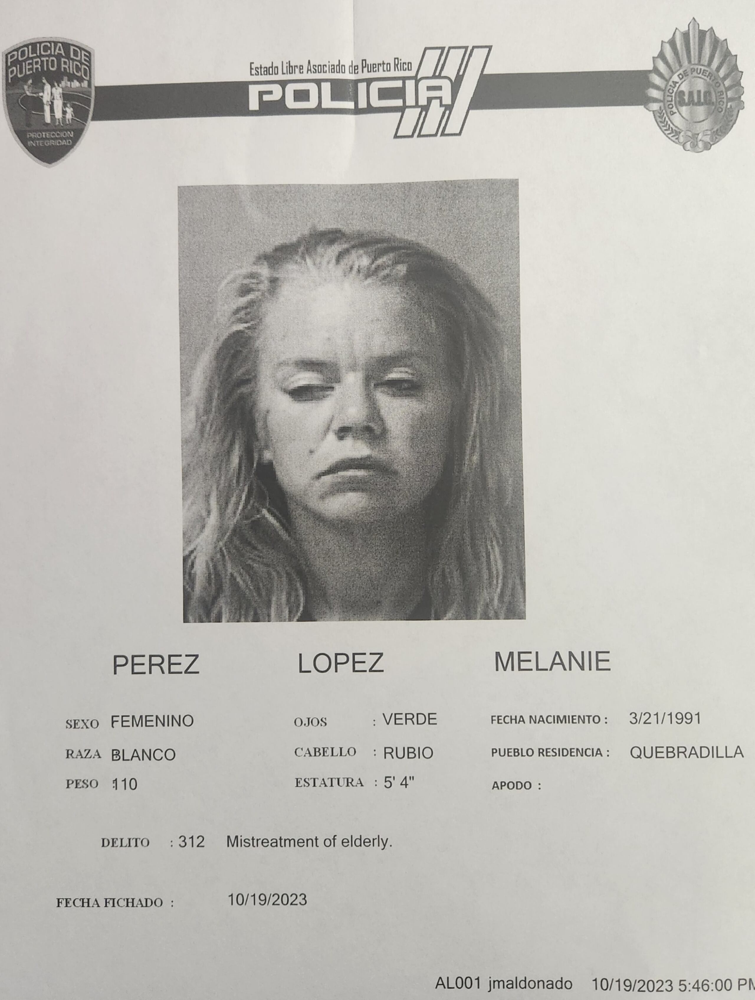 Melanie Pérez López enfrenta cargos por maltrato de personas de edad avanzada y violación a la Ley de Armas.