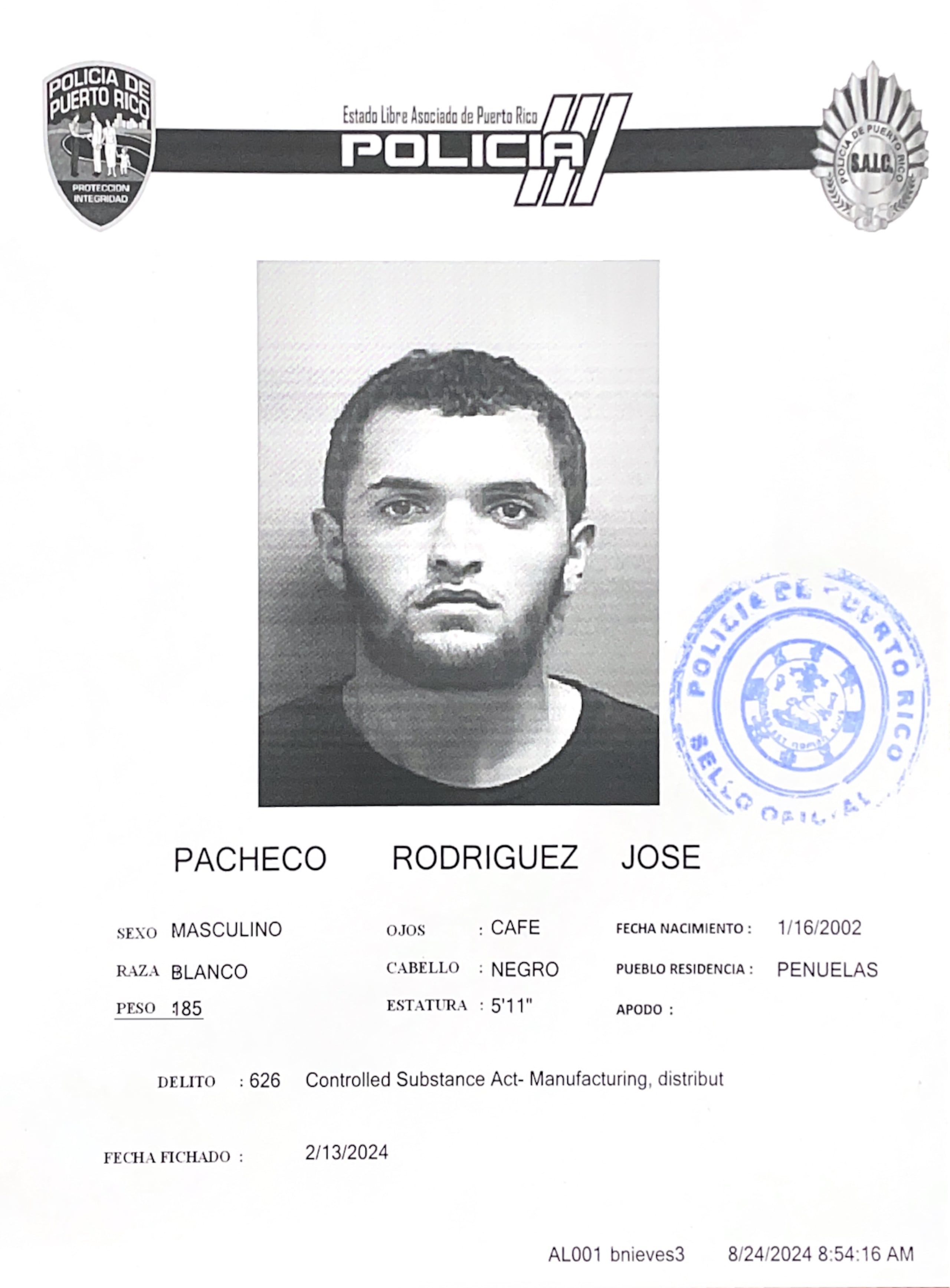 Ficha policiaca de José E. Pacheco Rodríguez de 22 años y residente de Peñuelas.