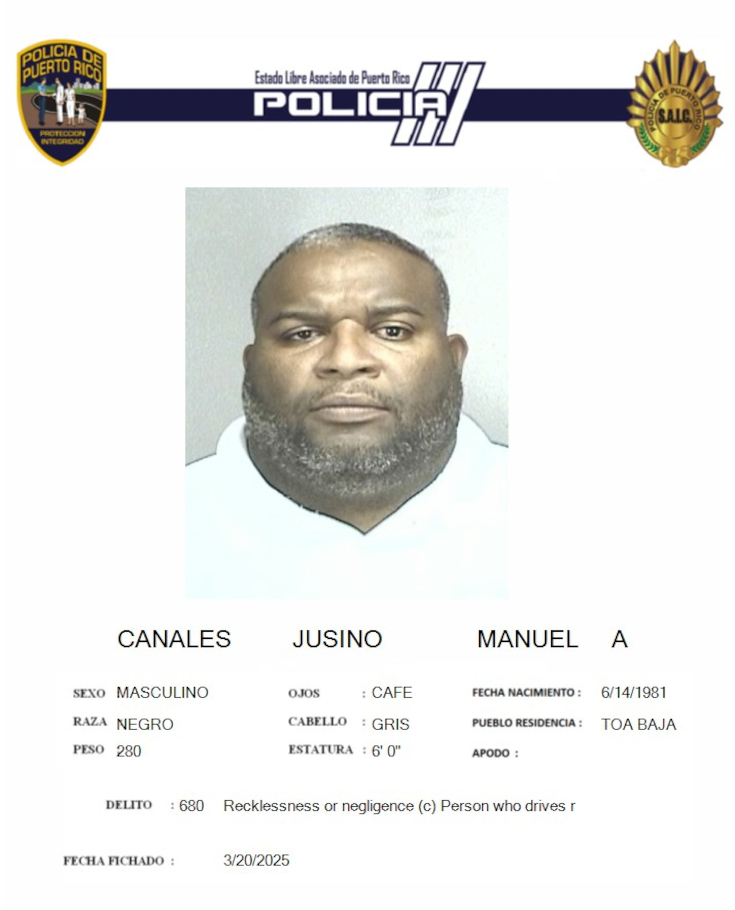 Manuel A. Canales Jusino, enfrentó cargos por violación a la Ley de Vehículos y Tránsito tras impactar a un ciclista en Toa Baja.