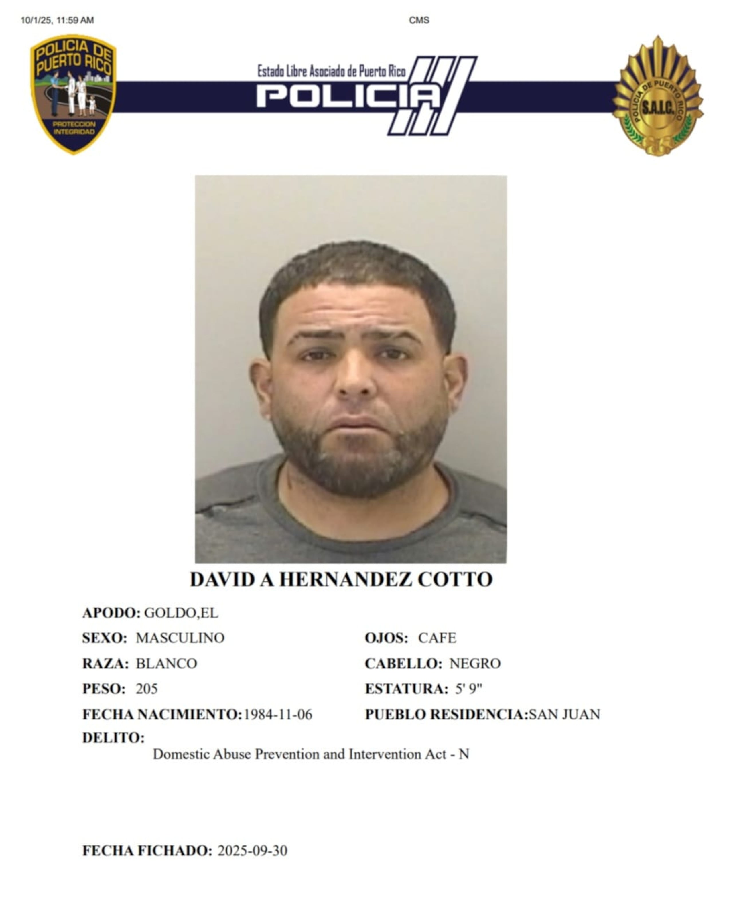 David A. Hernández Cotto, enfrenta cargos por violación a una orden de protección a favor de su expareja.