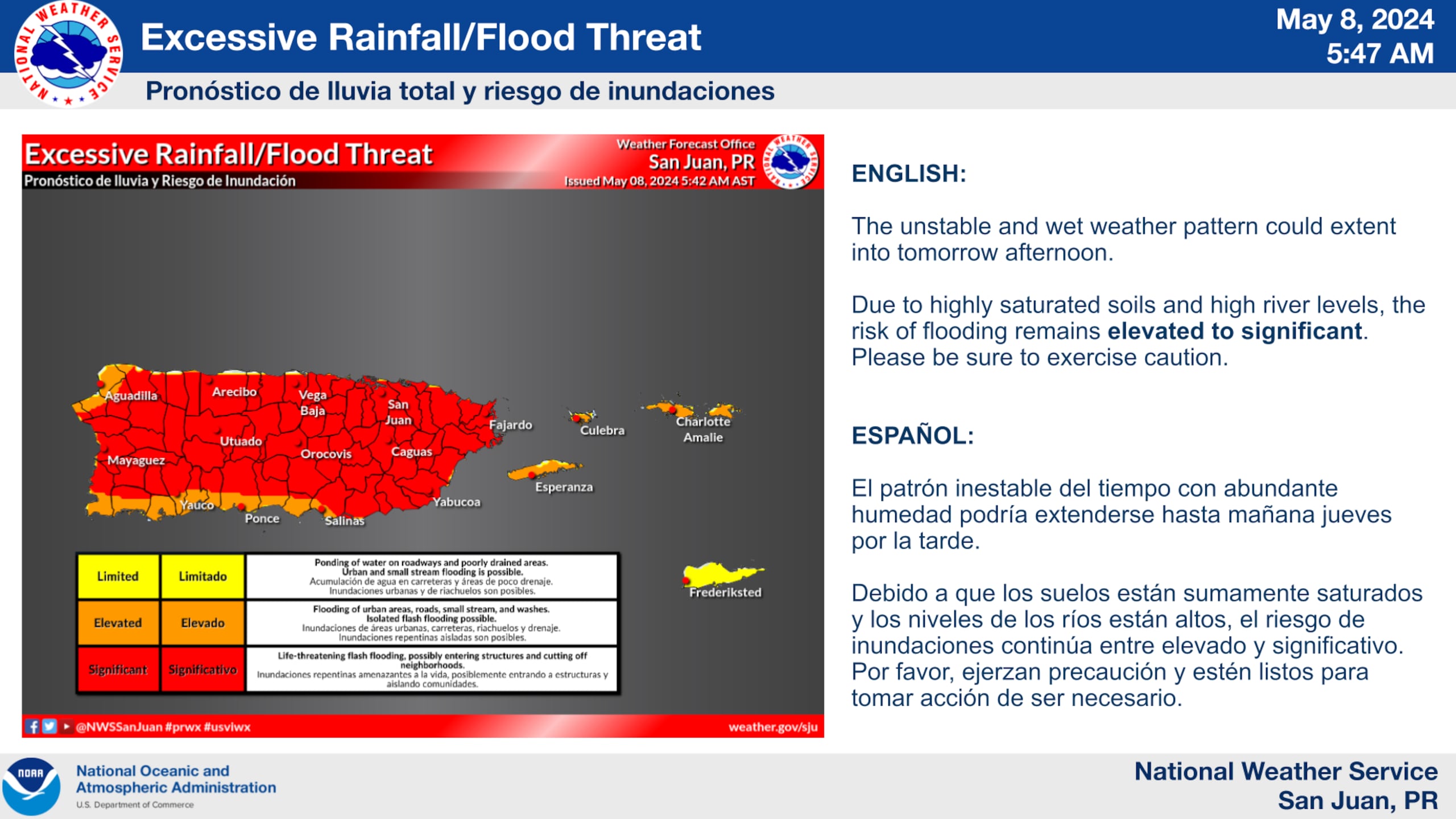 Pronóstico de lluvia total y riesgo de inundaciones emitido el 8 de mayo de 2024.