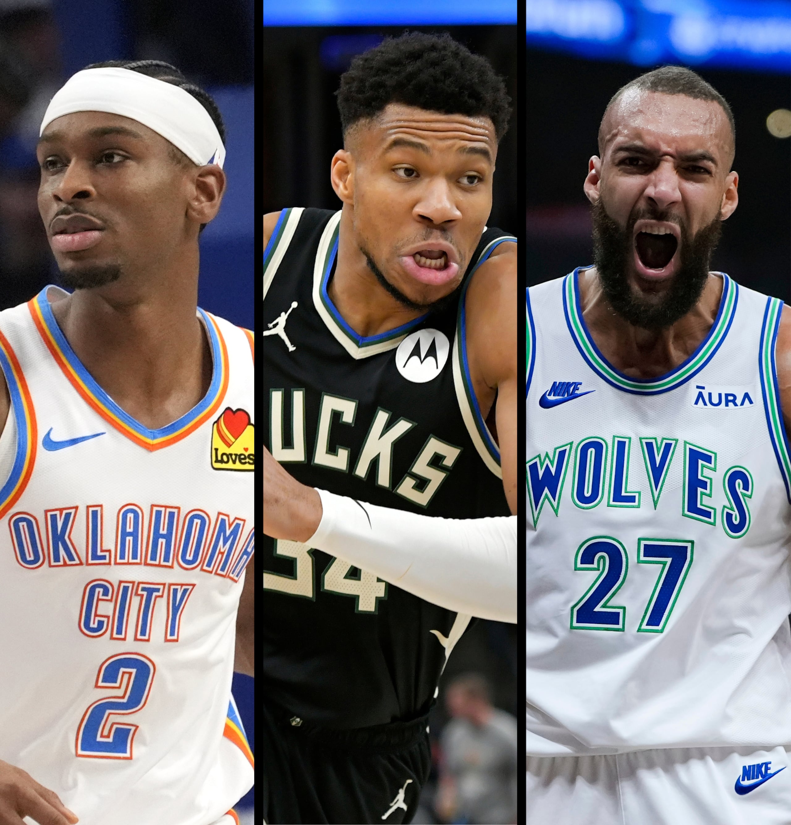 De izquierda a derecha, Shai Gilgeous-Alexander (Thunder de Oklahoma), Giannis Antetokounmpo (Bucks de Milwaukee) y Rudy Gobert (Timberwolves de Minnesota).