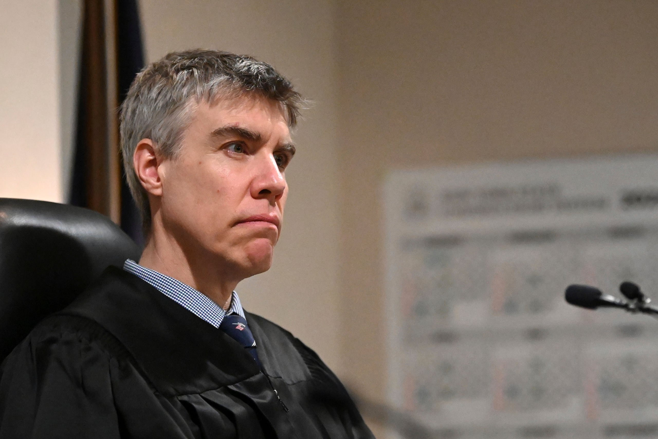 Washington County Judge Adam Michelini sentences Kevin Monahan for the 2023 driveway murder of 20-year-old Kaylin Gillis on Friday, March 1, 2024, at Washington County Courthouse in Fort Edward, N.Y. Monahan who fatally shot Gillis after the SUV she was riding in mistakenly drove into his rural driveway in upstate New York was sentenced Friday to 25 years to life in prison.(Will Waldron/The Albany Times Union via AP, Pool)