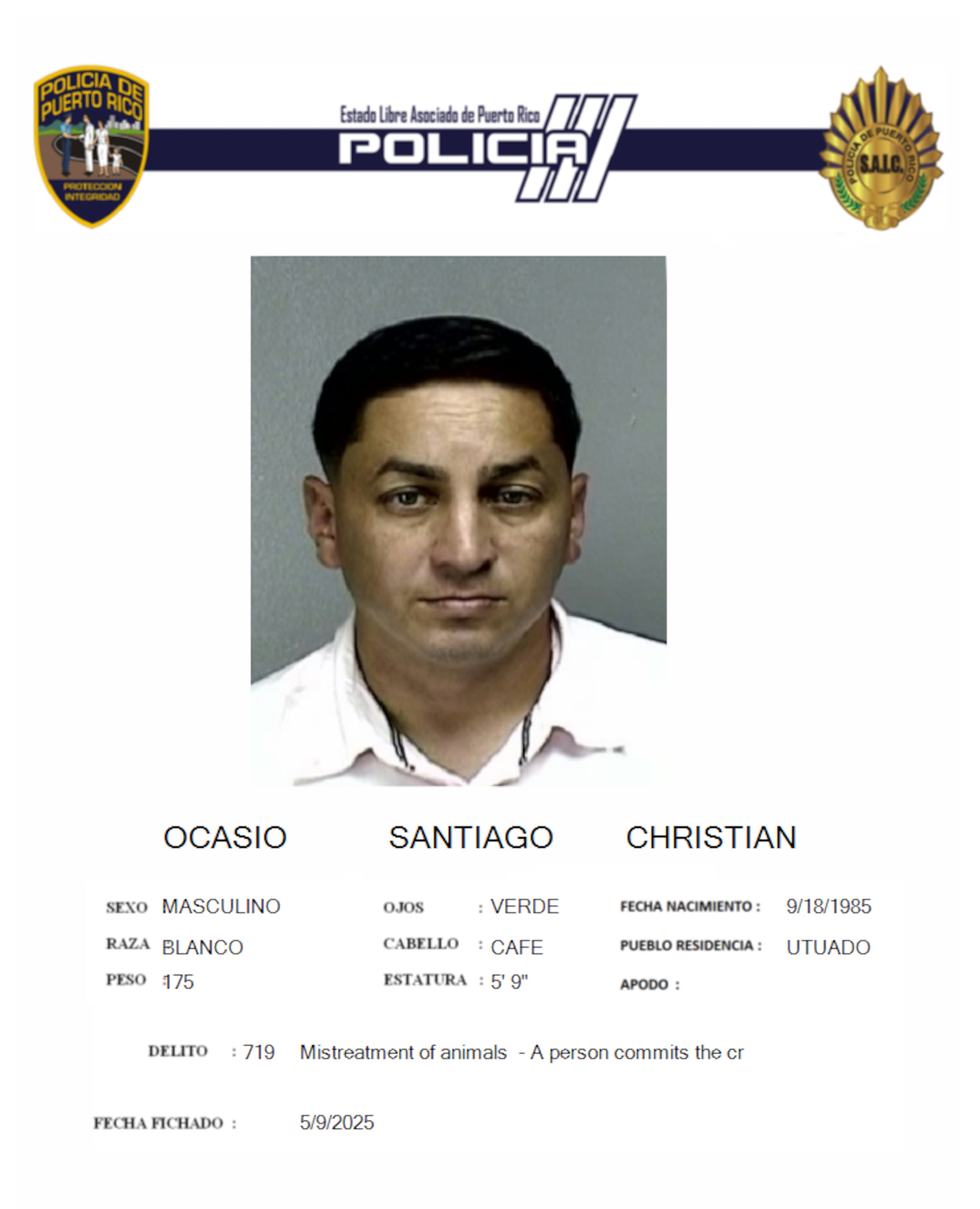 Christian Ocasio Santiago, está acusado por amenaza, agresión y maltrato de animales, por un incidente en una gallera.