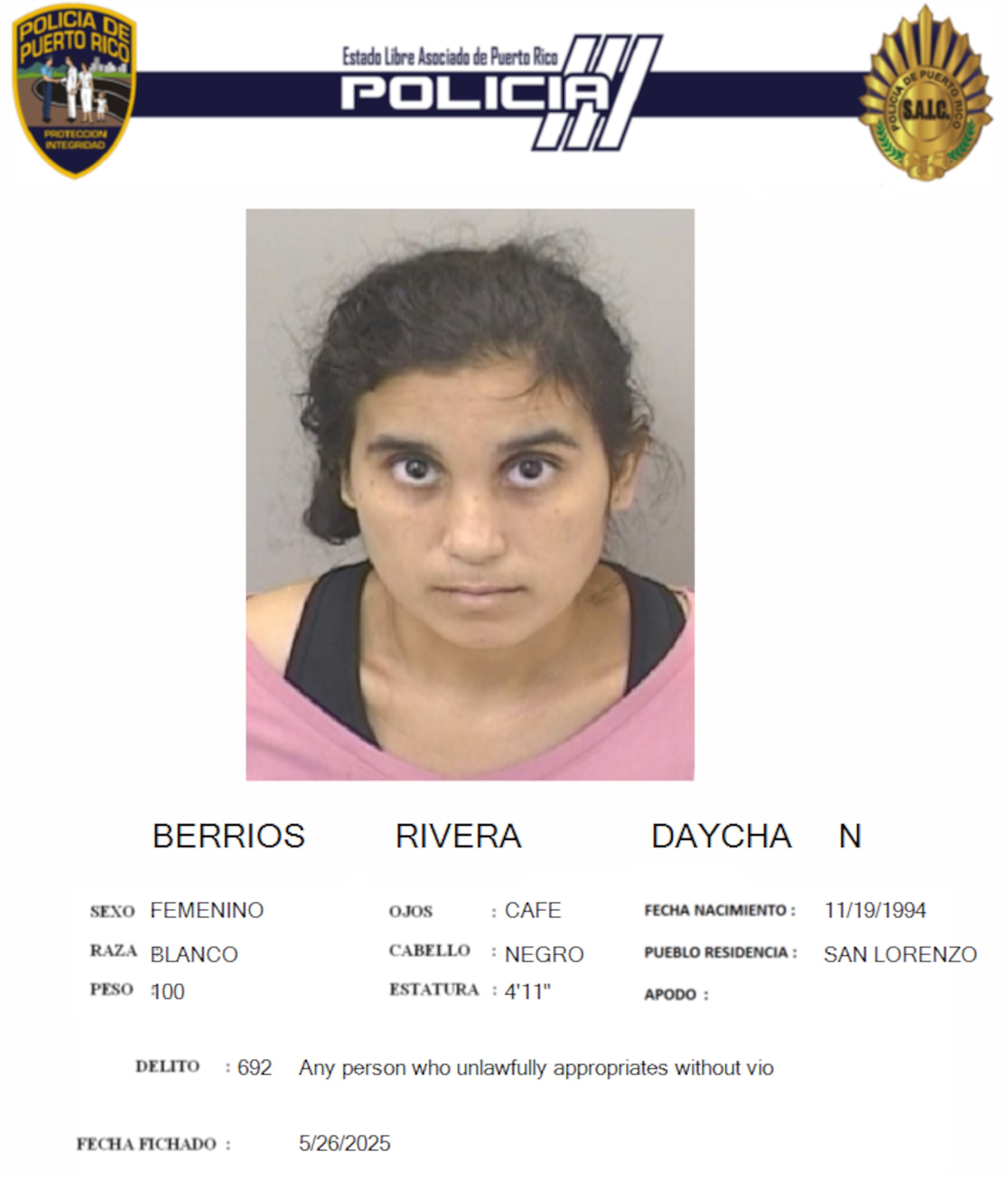 Berrios Rivera no prestó la fianza de $100 mil que se le impuso por lo que fue ingresada en la Cárcel Regional de bayamón.