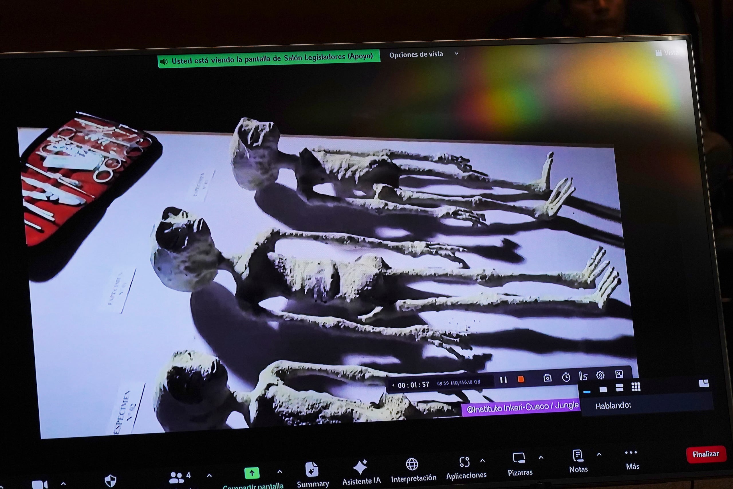 Una pantalla muestra lo que el periodista Jaime Maussan asegura que son formas de vida extraterrestre durante una sesión en la Cámara de Diputados, el martes 7 de noviembre de 2023, en Ciudad de México.