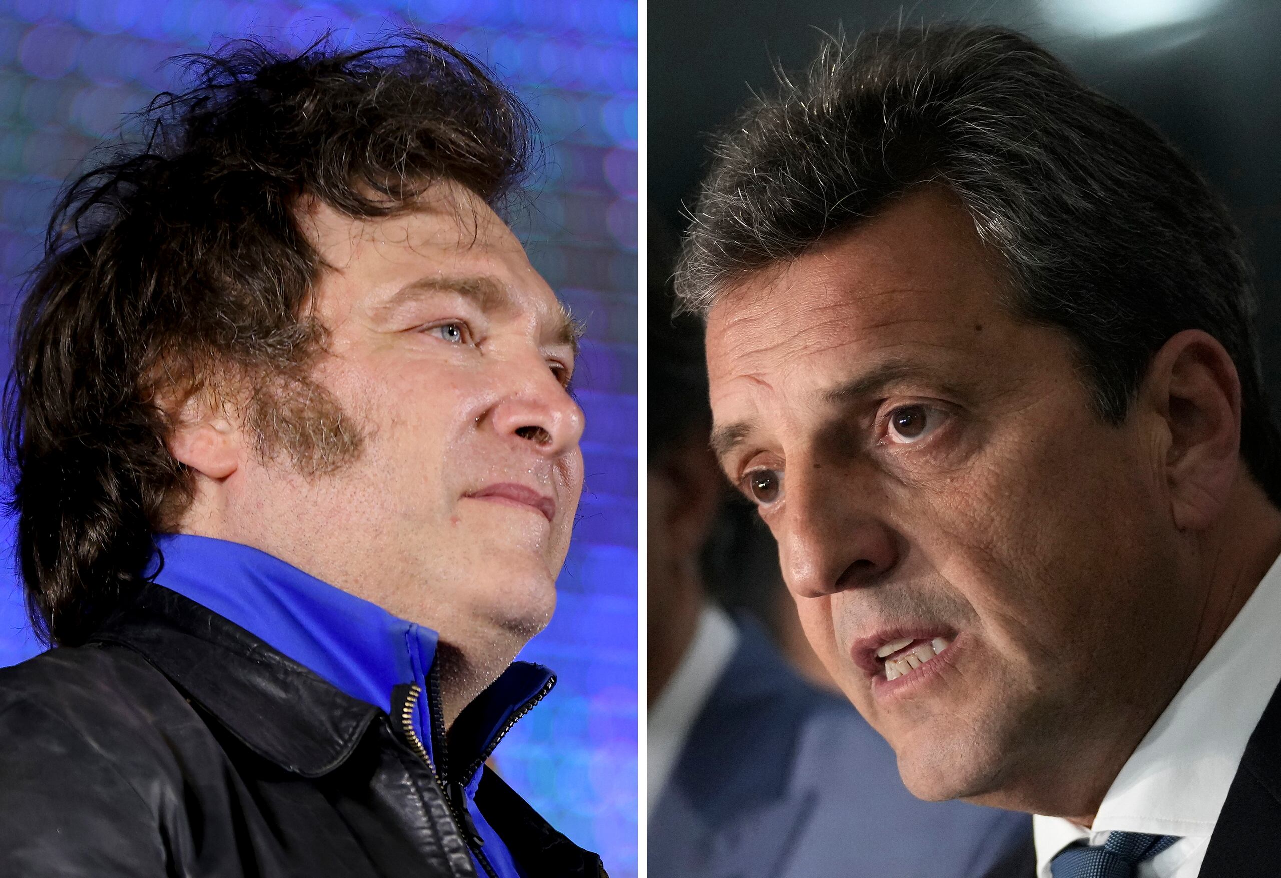 Esta imagen combinada muestra a la izquierda a Javier Milei, el candidato de la coalición Libertad Avanza, en Córdoba, Argentina, el 16 de noviembre de 2023; y a la derecha, al ministro de Economía Sergio Massa, de la peronista Unión por la Patria (AP Foto/Archivo)