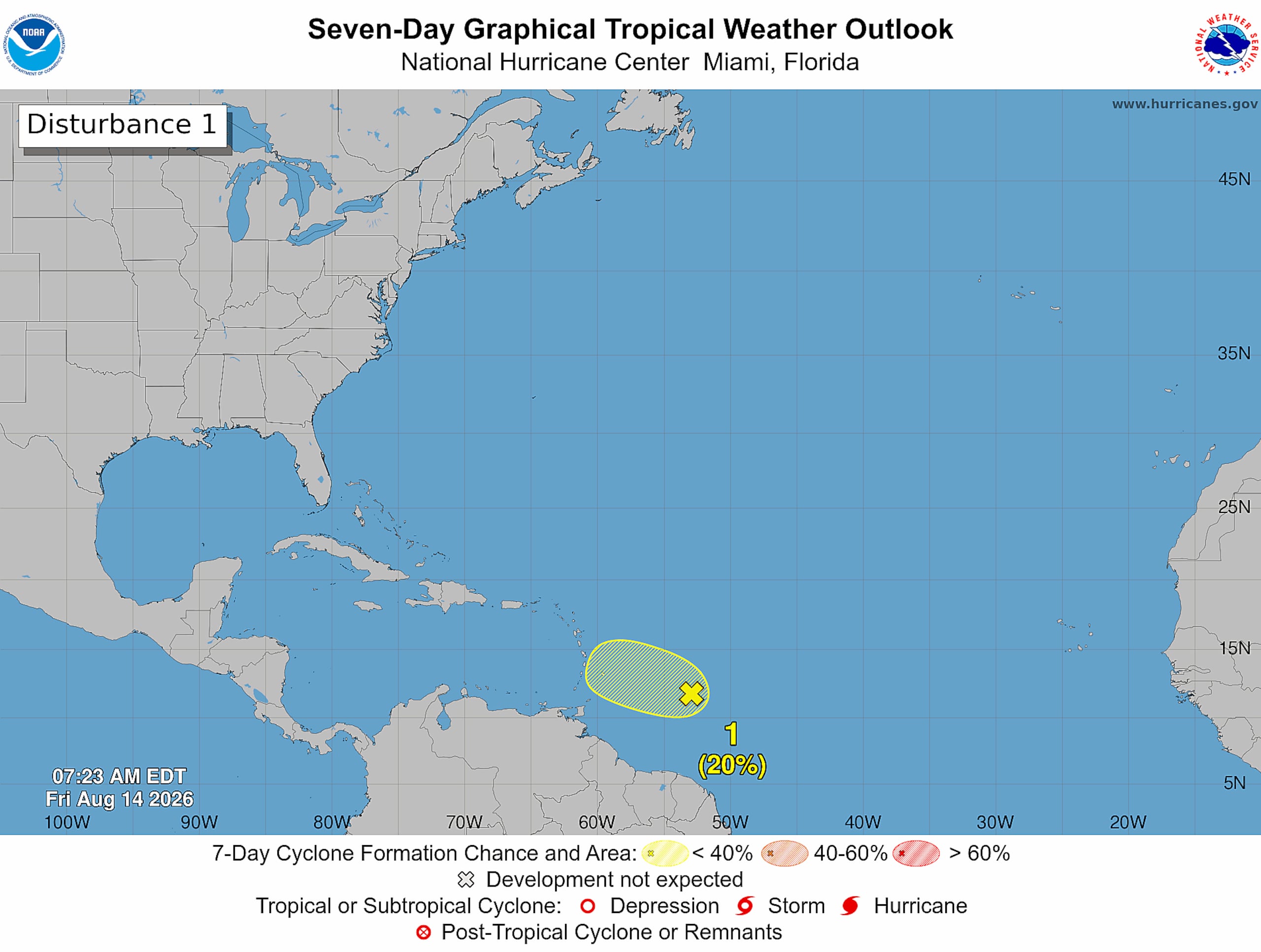 Actualmente, el Invest 92L tiene un 20% de probabilidad de formación ciclónica durante las próximas 48 horas y los próximos siete días.