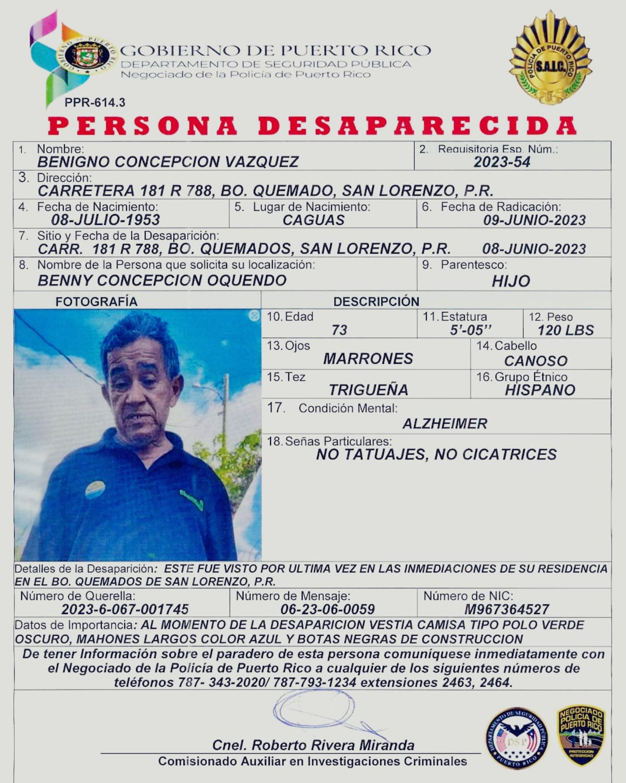 La Policía activó la Alerta Silver tras la desaparición de Benigno Concepción Vázquez, de 73 años, de su residencia en San Lorenzo.