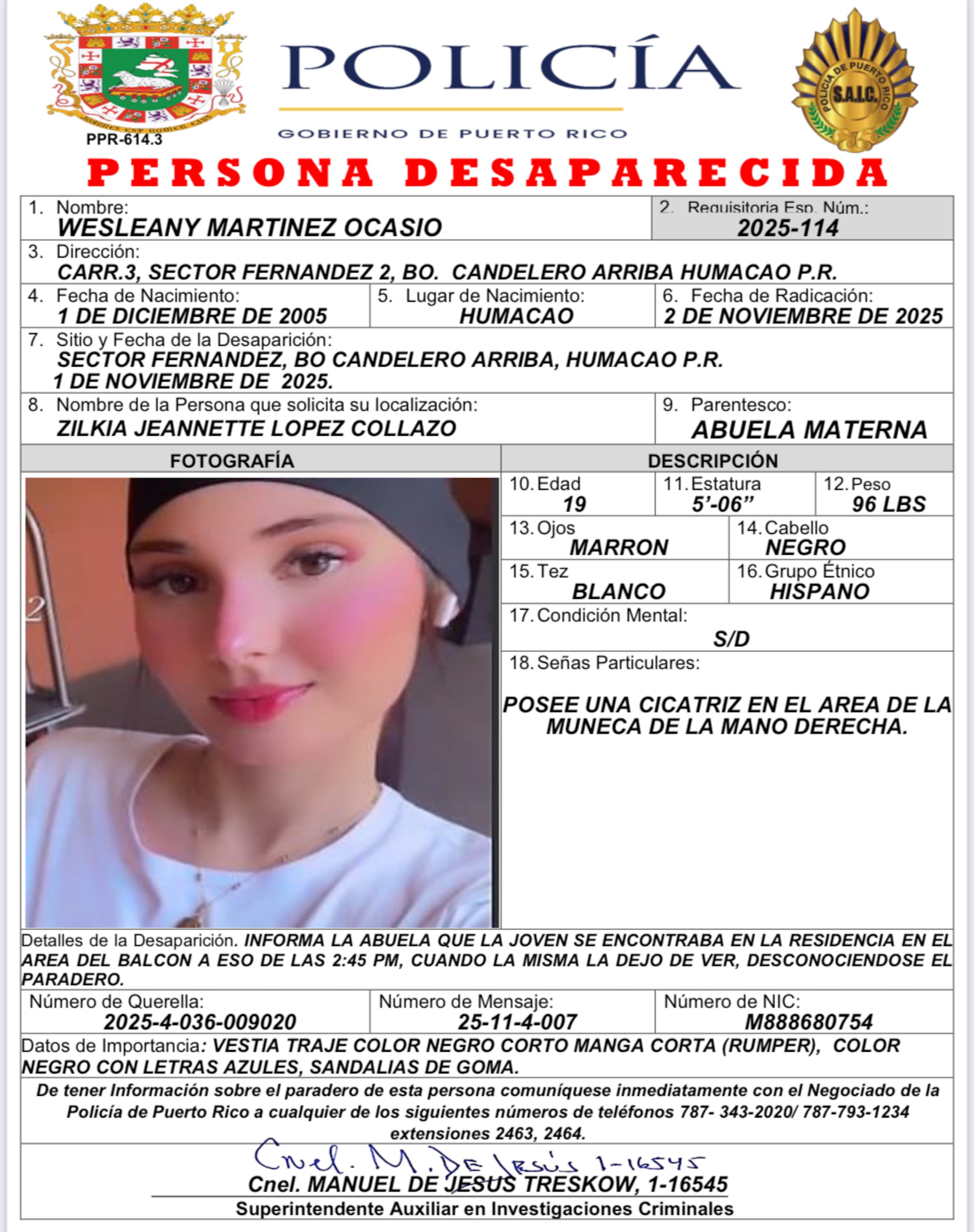 La joven tiene 19 años.