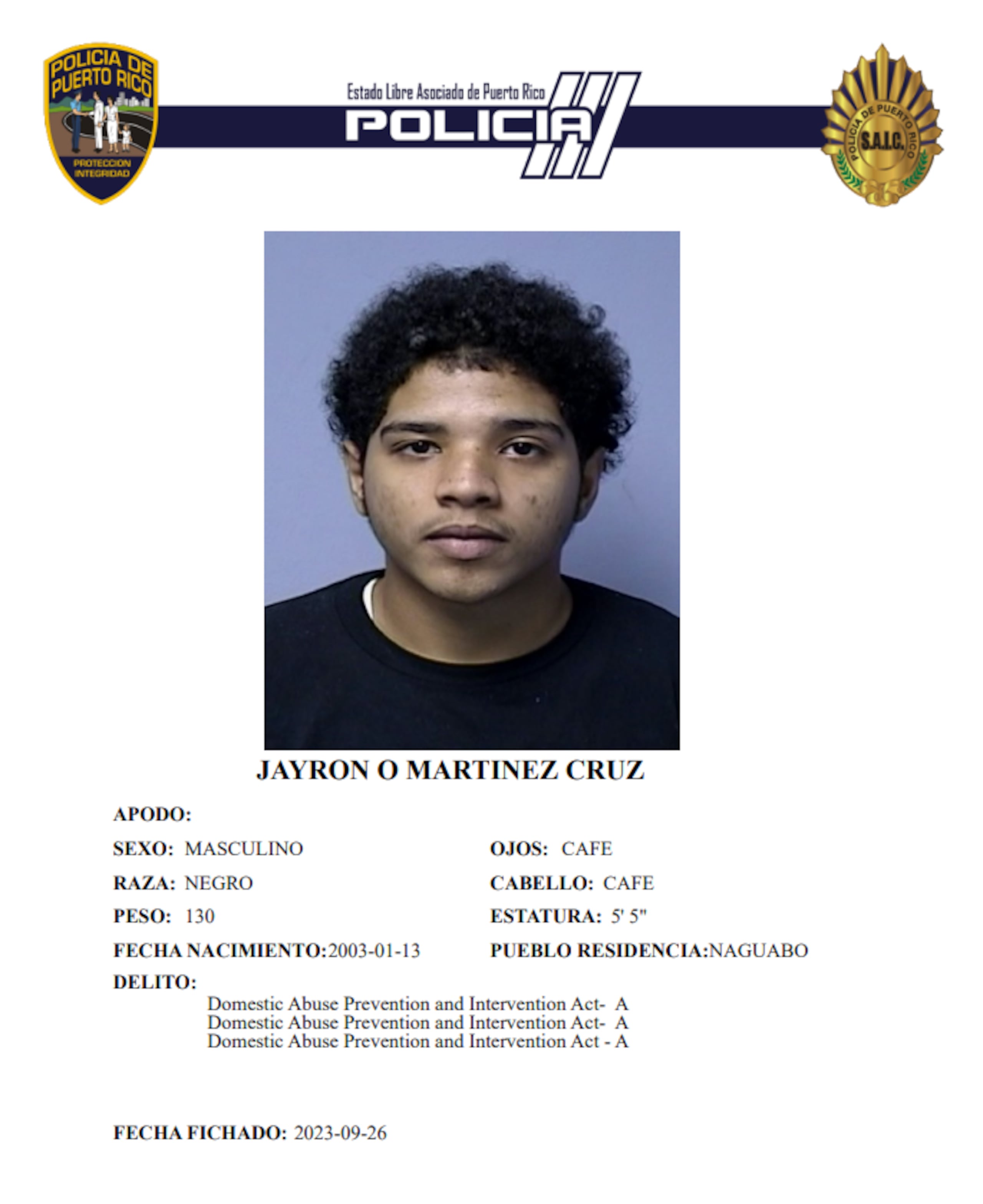 Jayron O. Martínez Cruz, enfrenta cargos por violencia doméstica contra su expareja.