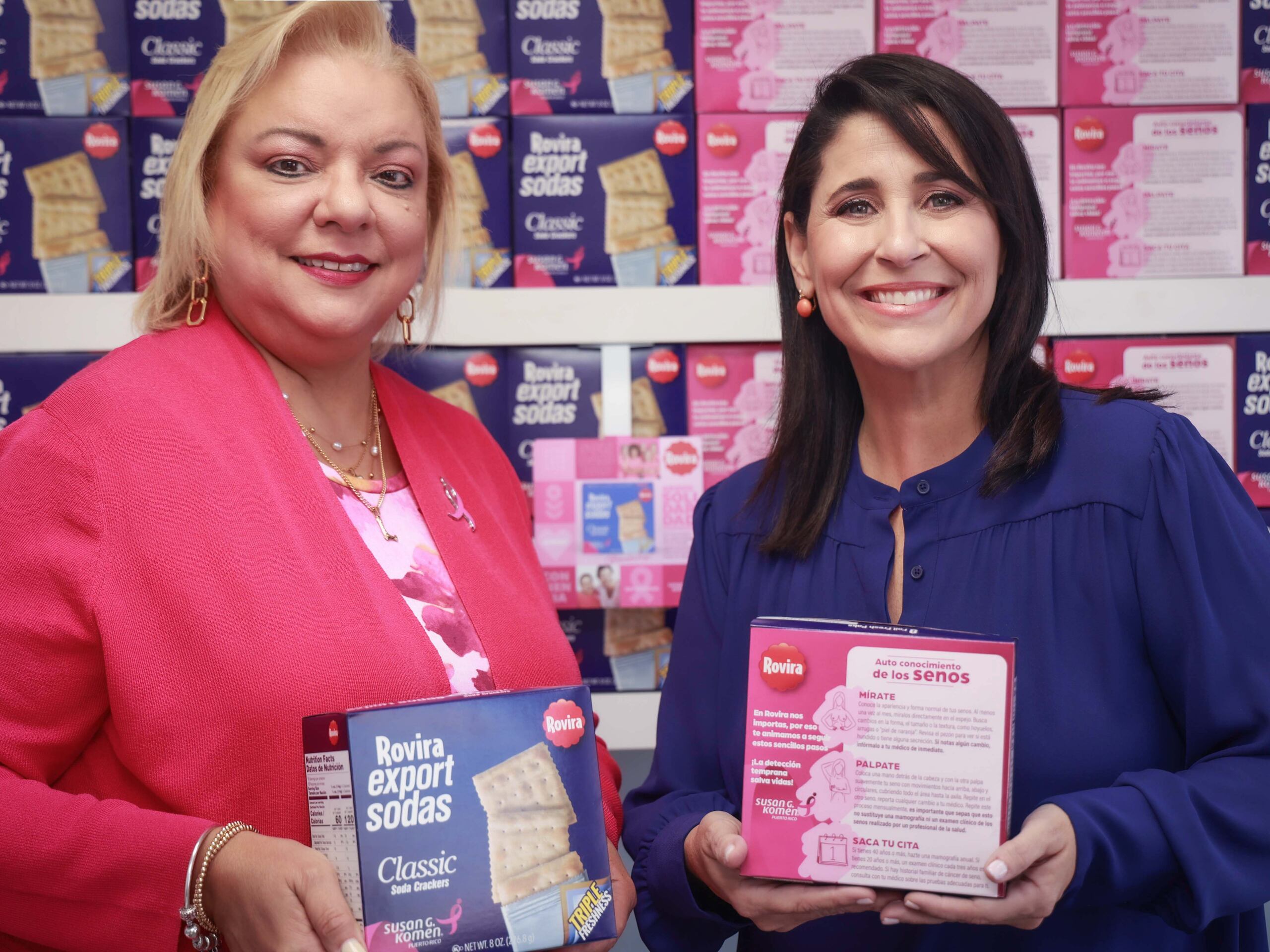 A la izquierda, Lynnette Rodríguez, directora ejecutiva de Susan G. Komen Puerto Rico, junto a María Eugenia Argomániz, gerente de Mercadeo de Rovira Foods.