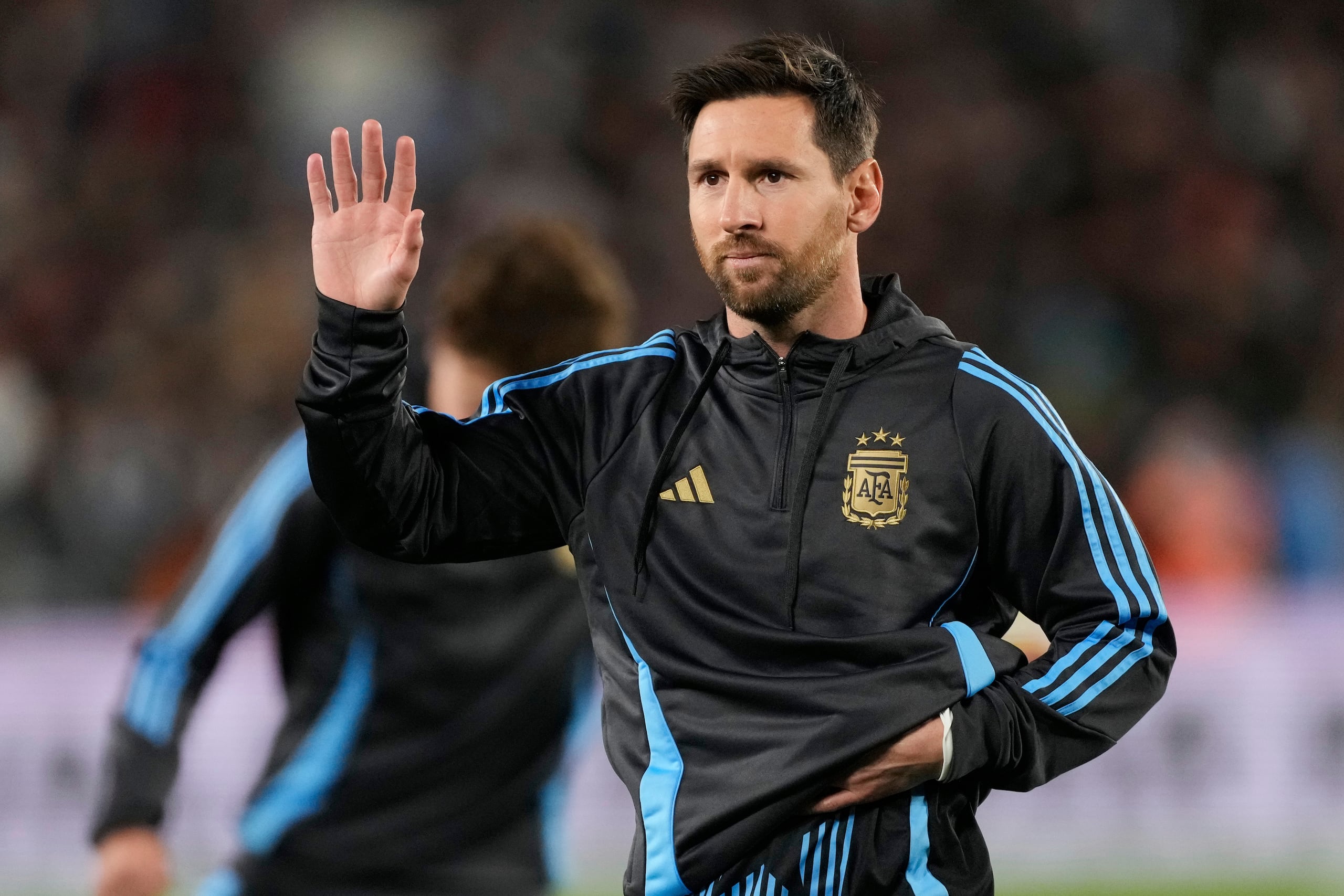 Argentina's Lionel Messi waves during warmups prior to a World Cup 2026 qualifying soccer match against Venezuela at the Monumental stadium in Buenos Aires, Argentina, Thursday, Sept. 4, 2025. (AP Photo/Gustavo Garello)