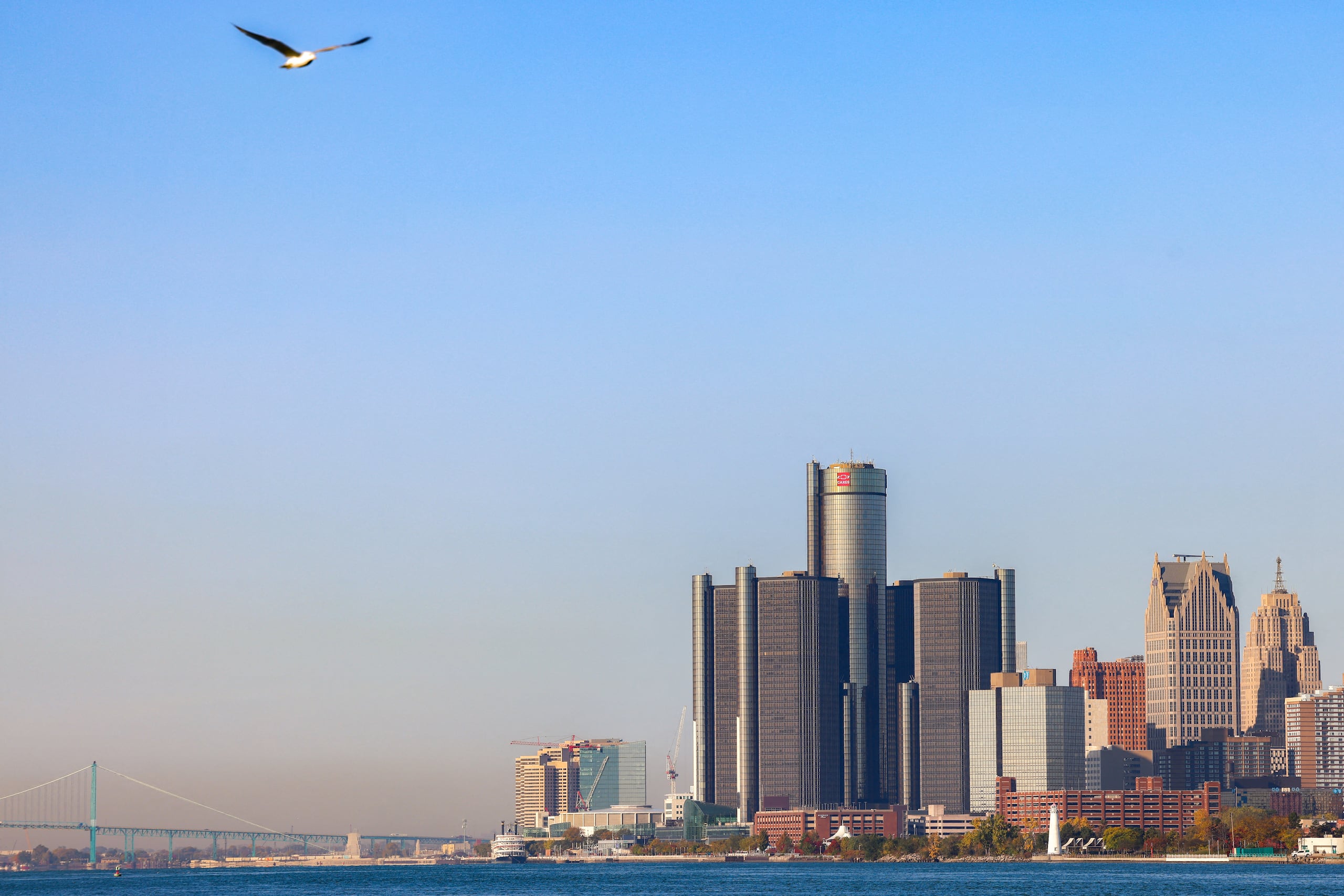 View of downtown Detroit skyline, in Detroit, Michigan, on October 18, 2024. (Photo by Charly TRIBALLEAU / AFP)