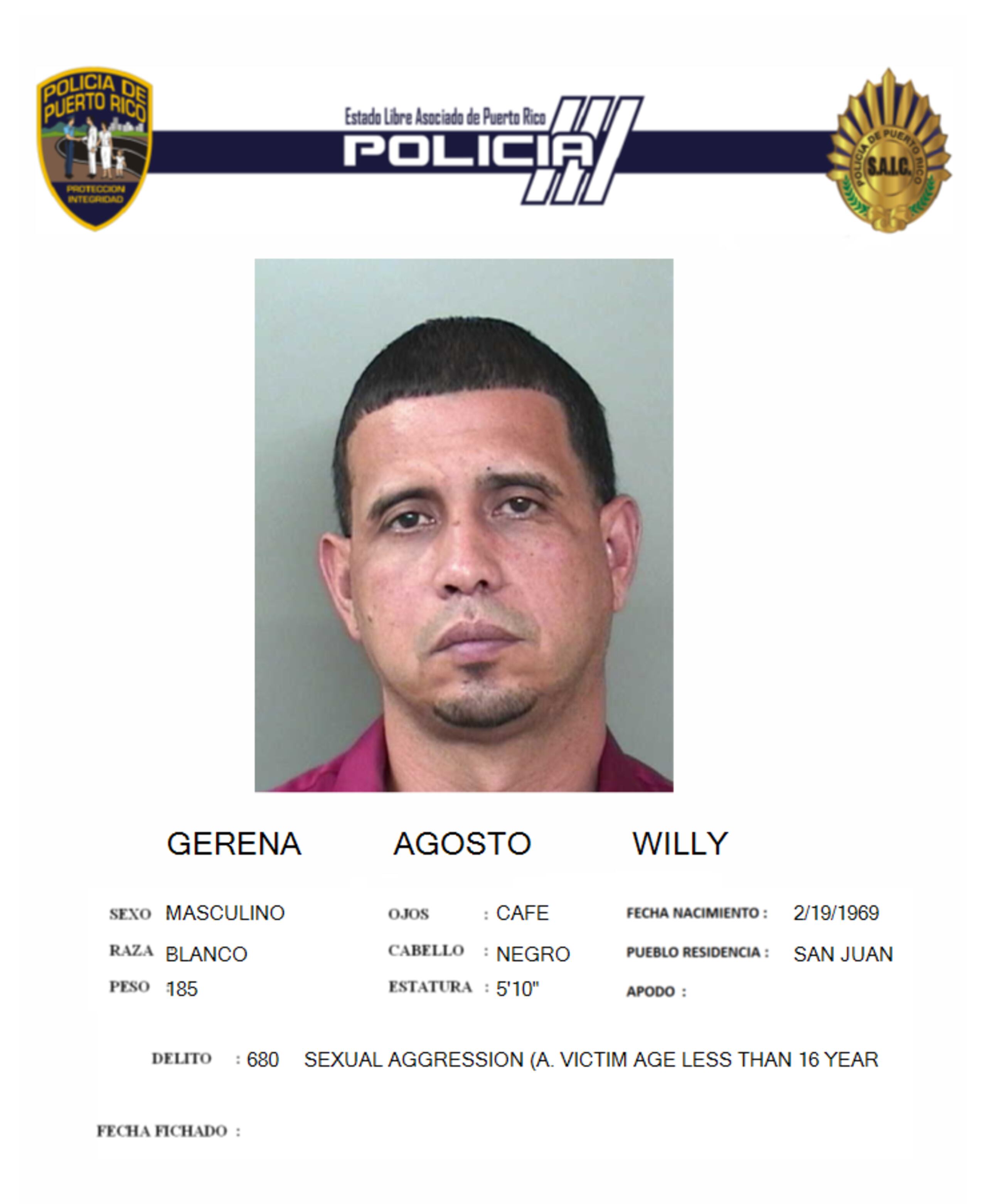 Ficha policial de Willy Robert Gerena Agosto, el hombre asesinado en las Parcelas Falú la noche del 9 de julio de 2024.