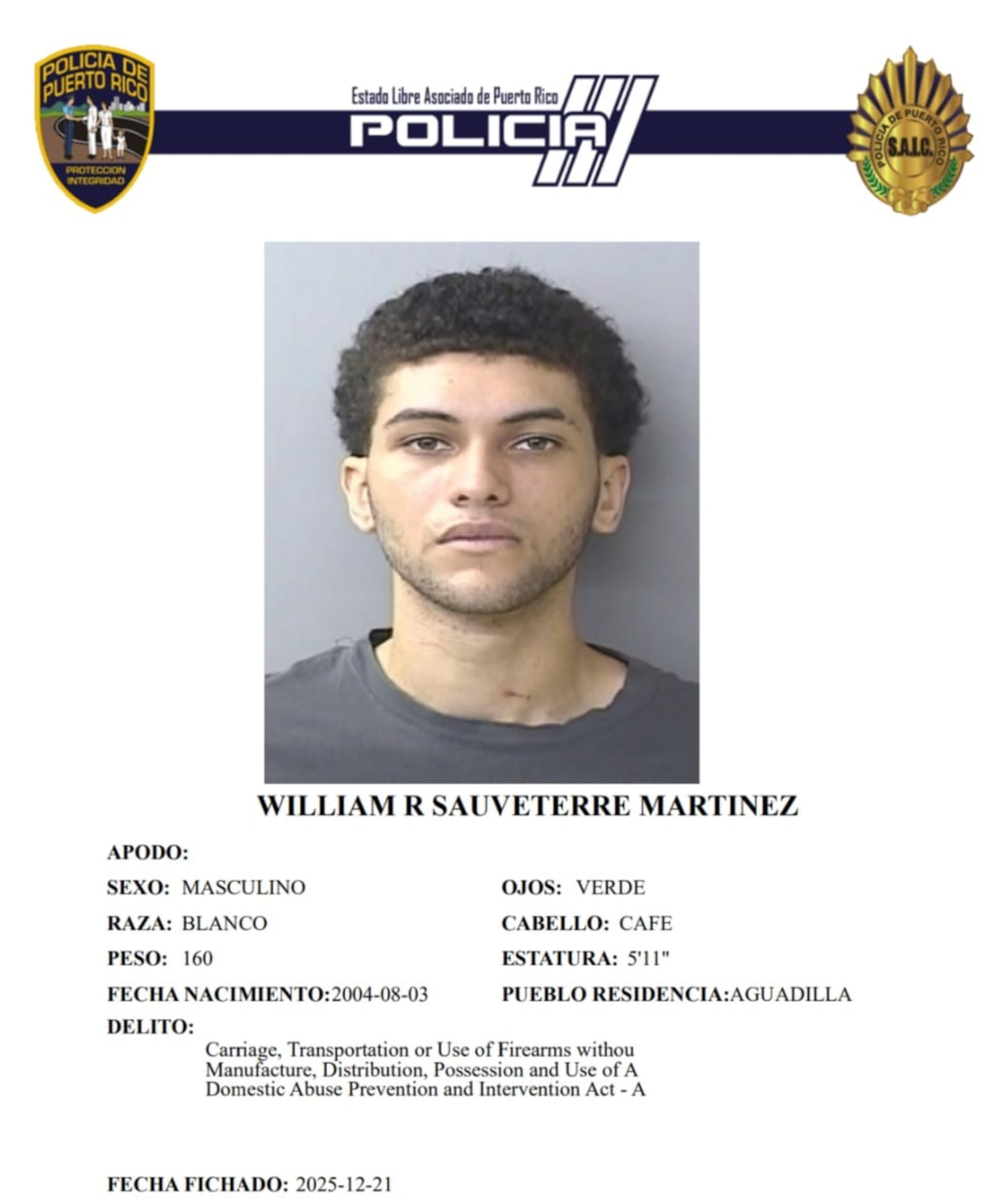 William R. Sauveterre Martínez, enfrenta cargos por violencia doméstica y violación a la Ley de Armas.