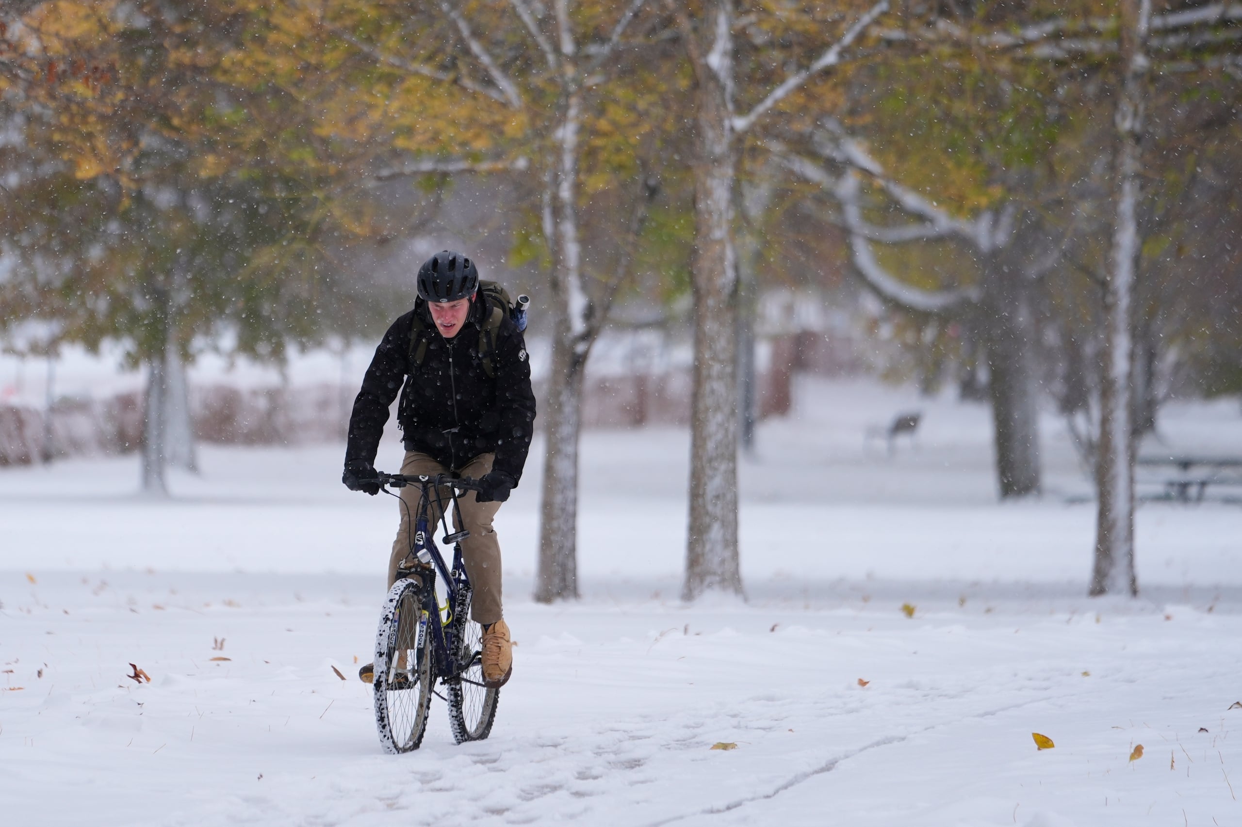 Una persona corre bicicleta mientras la nieve cubre el suelo y los árboles lucen los colores otoñales en Evanston, Illinois, un suburbio de Chicago, el lunes, 10 de noviembre. (Foto AP/Kiichiro Sato)