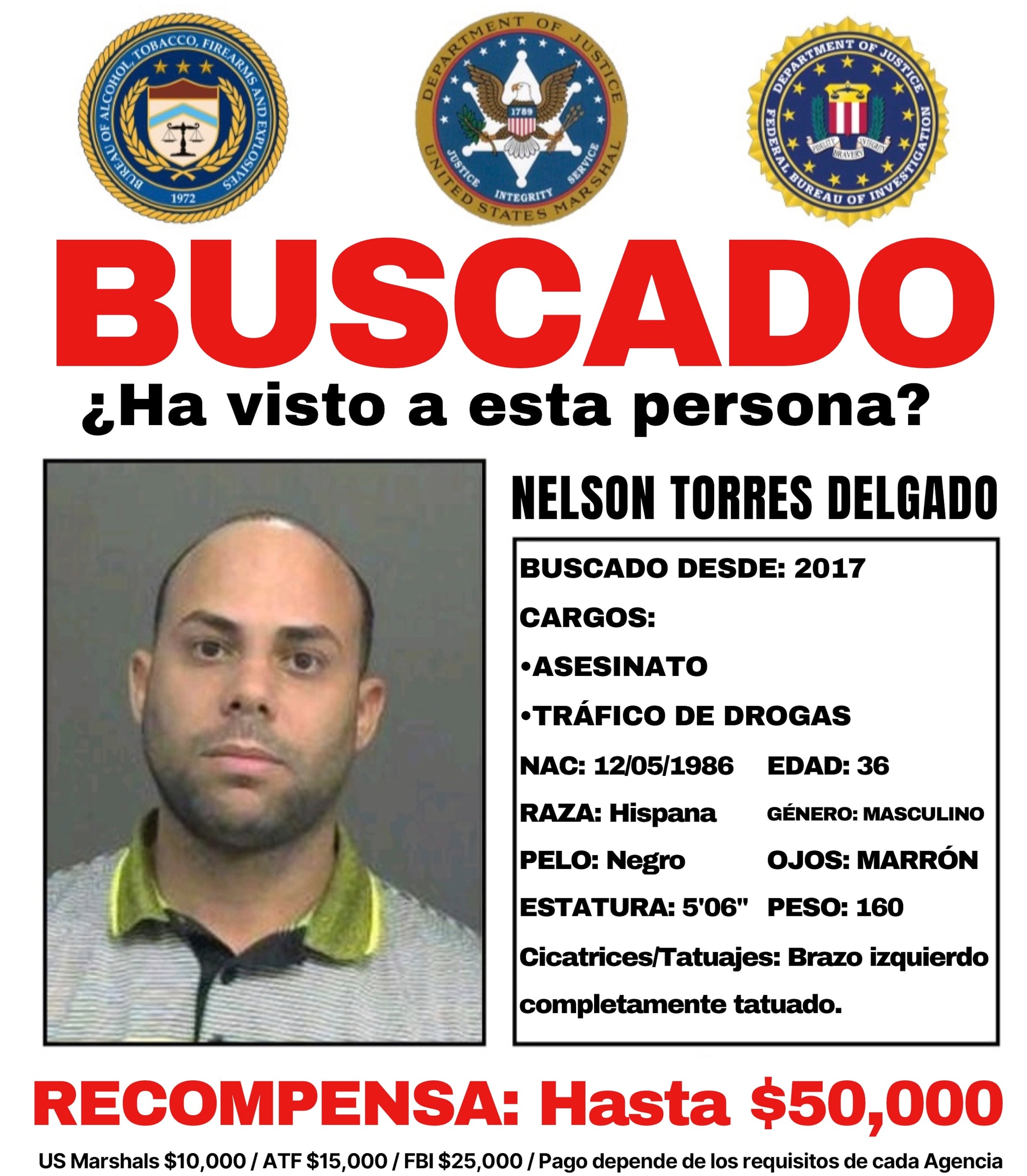 La recompensa fue ofrecida en conjunto entre el FBI, ATF y la Oficina de Alguaciles federales.