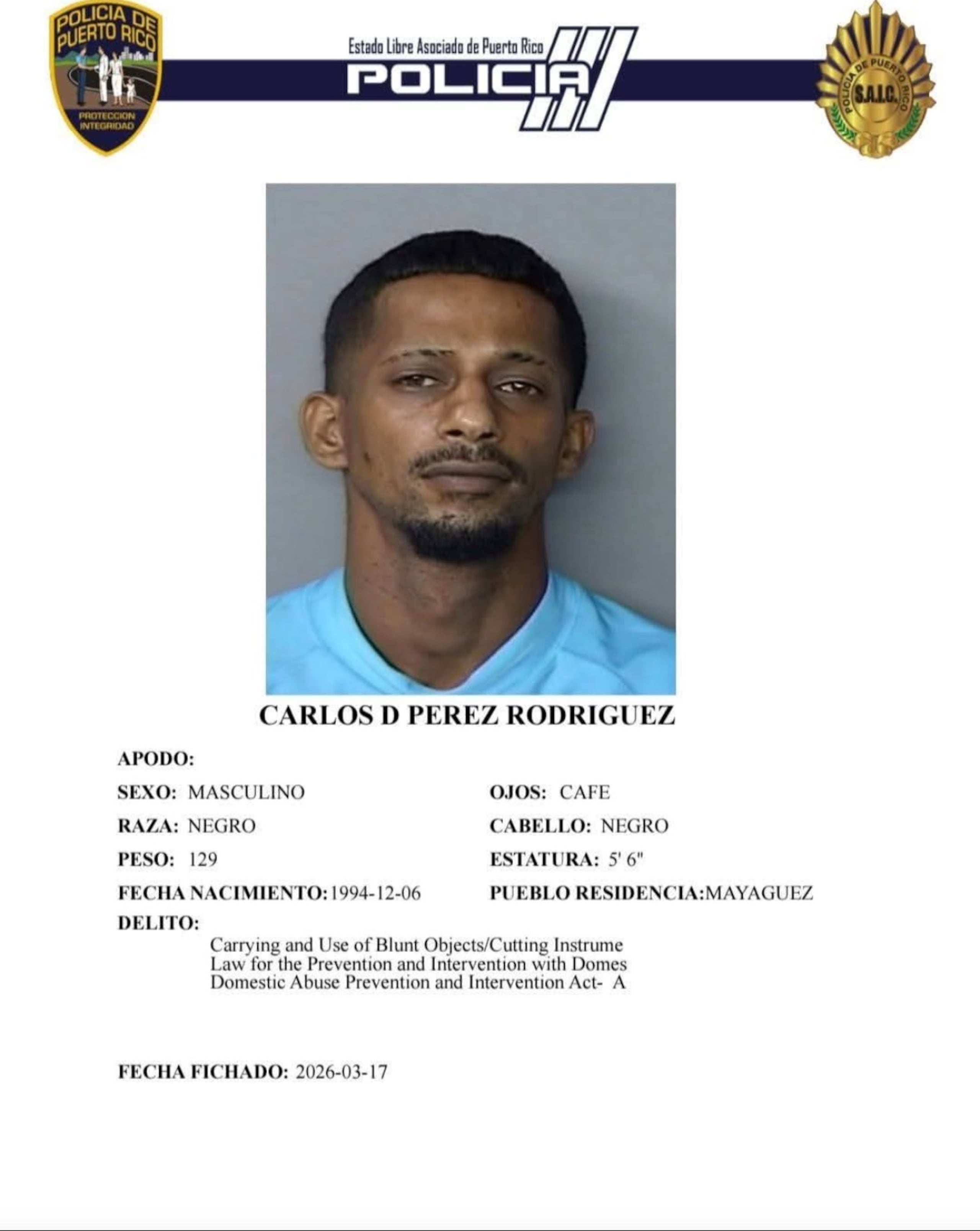 Ficha policíaca de Carlos David Pérez Rodríguez.