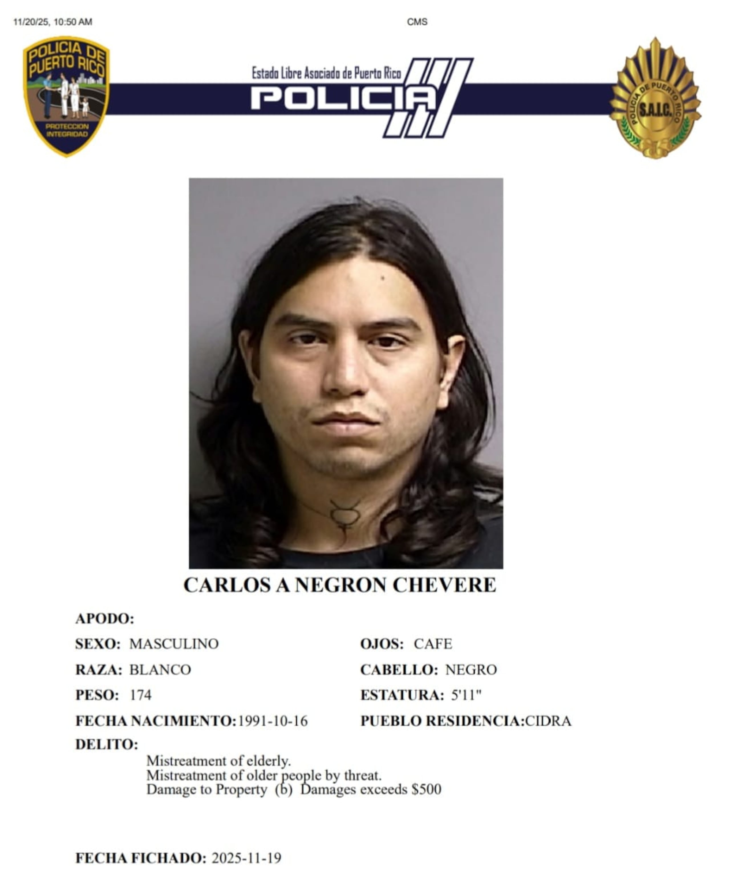 Carlos A. Negrón Chévere, enfrenta cargos por maltrato a personas de edad avanzada, daño agravado, portación y uso de armas blancas.