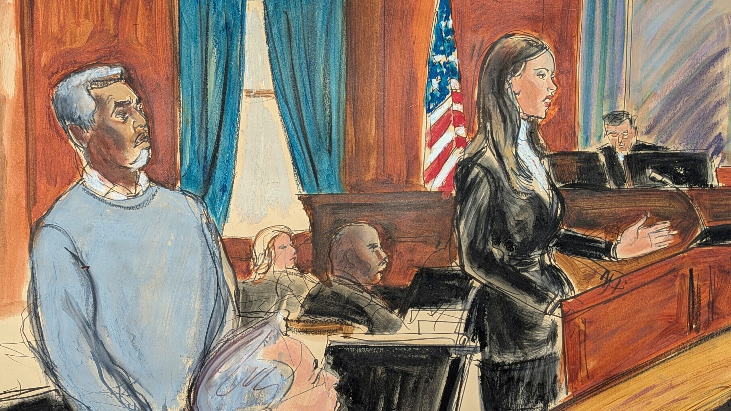 Bosquejo de Sean Diddy Combs (izq) mientras su abogada Teny Geragos da su declaración inicial en el tribunal en Nueva York el 12 de mayo del 2025. (Elizabeth Williams via AP)