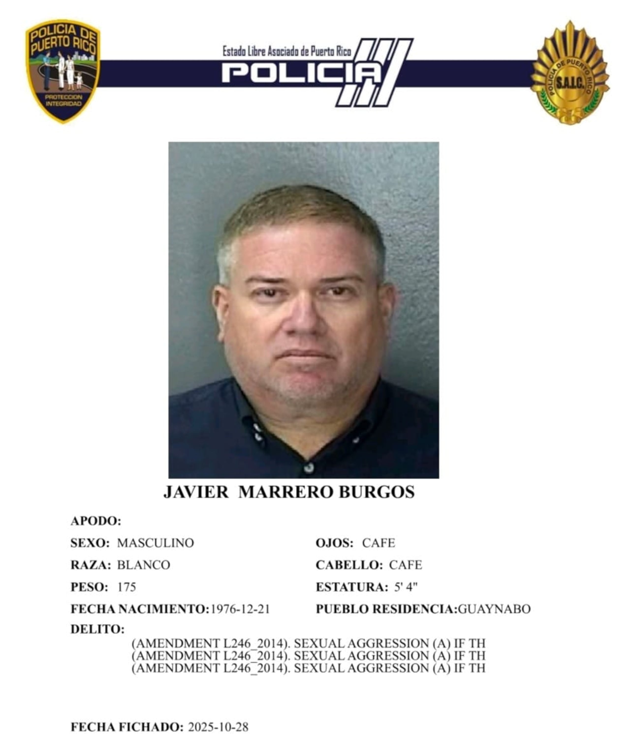 Javier Marrero Burgos, enfrenta cargos por agresión sexual y actos lascivos contra una menor de edad.