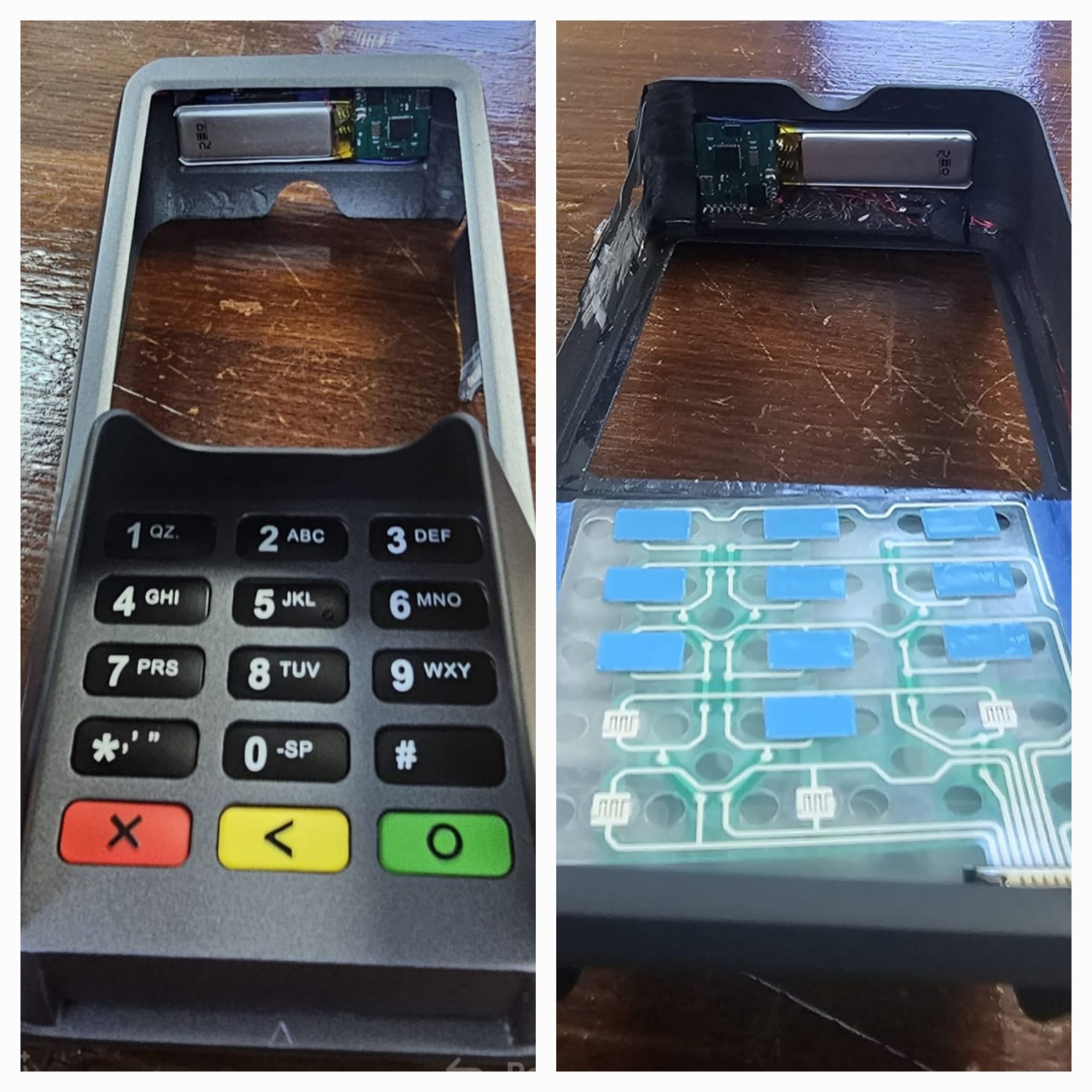 Dispositivos usados para colocar sobre el tablero de la máquina de ATM para apropiarse de los datos bancarios del cliente mientras realiza pagos en algún establecimiento.