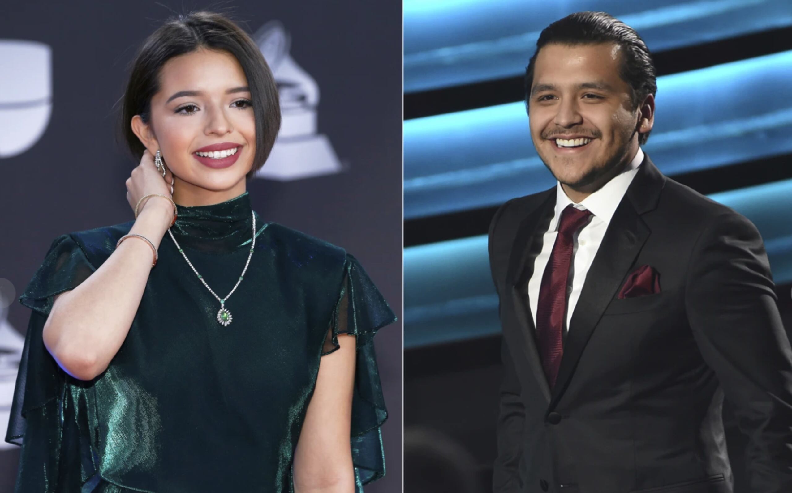 En esta combinación de fotografías, Ángela Aguilar y Christian Nodal en los Latin Grammy el 14 de noviembre de 2019 en la MGM Grand Garden Arena, en Las Vegas.