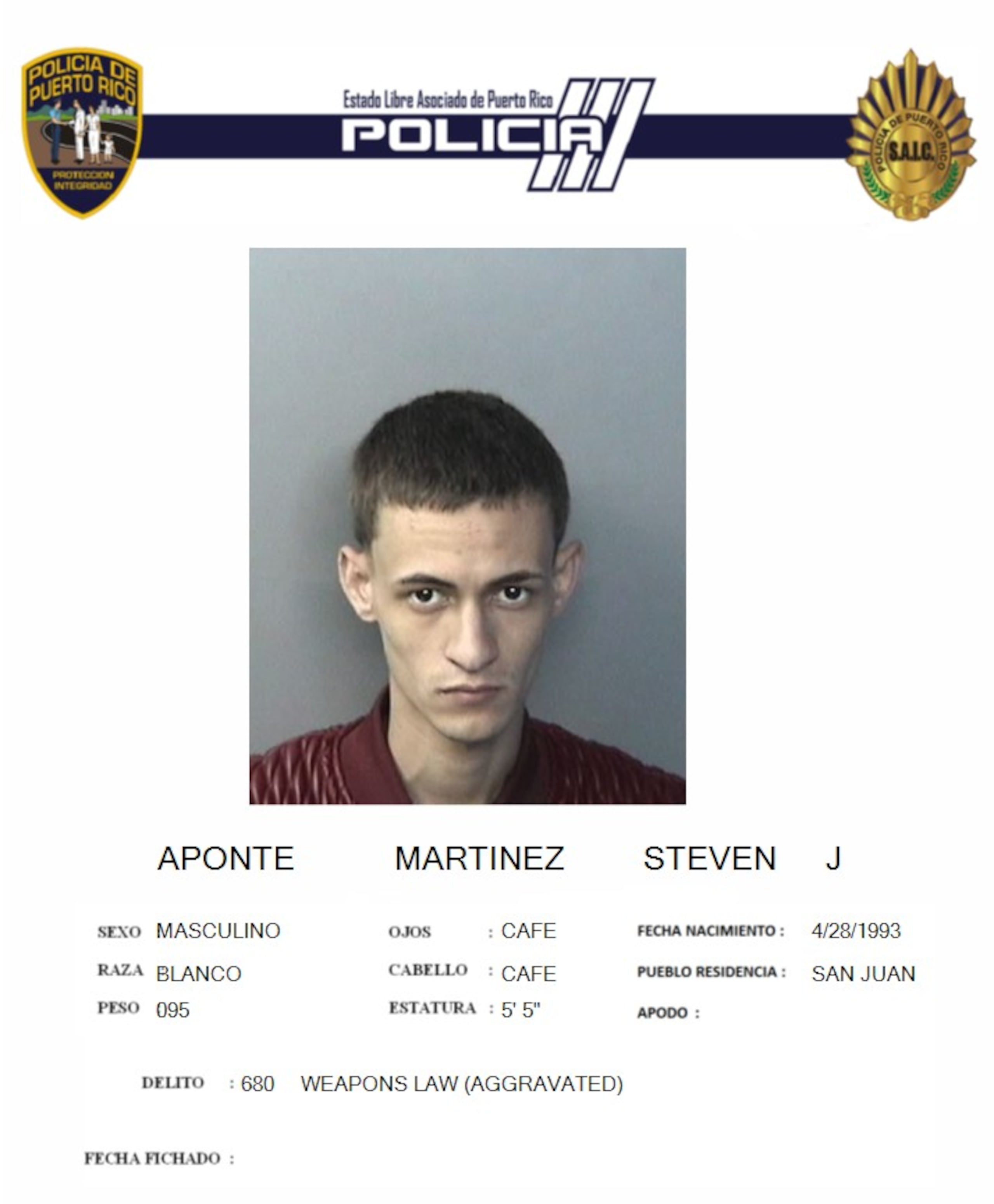 Ficha policial de Steven Joel Aponte Martínez.