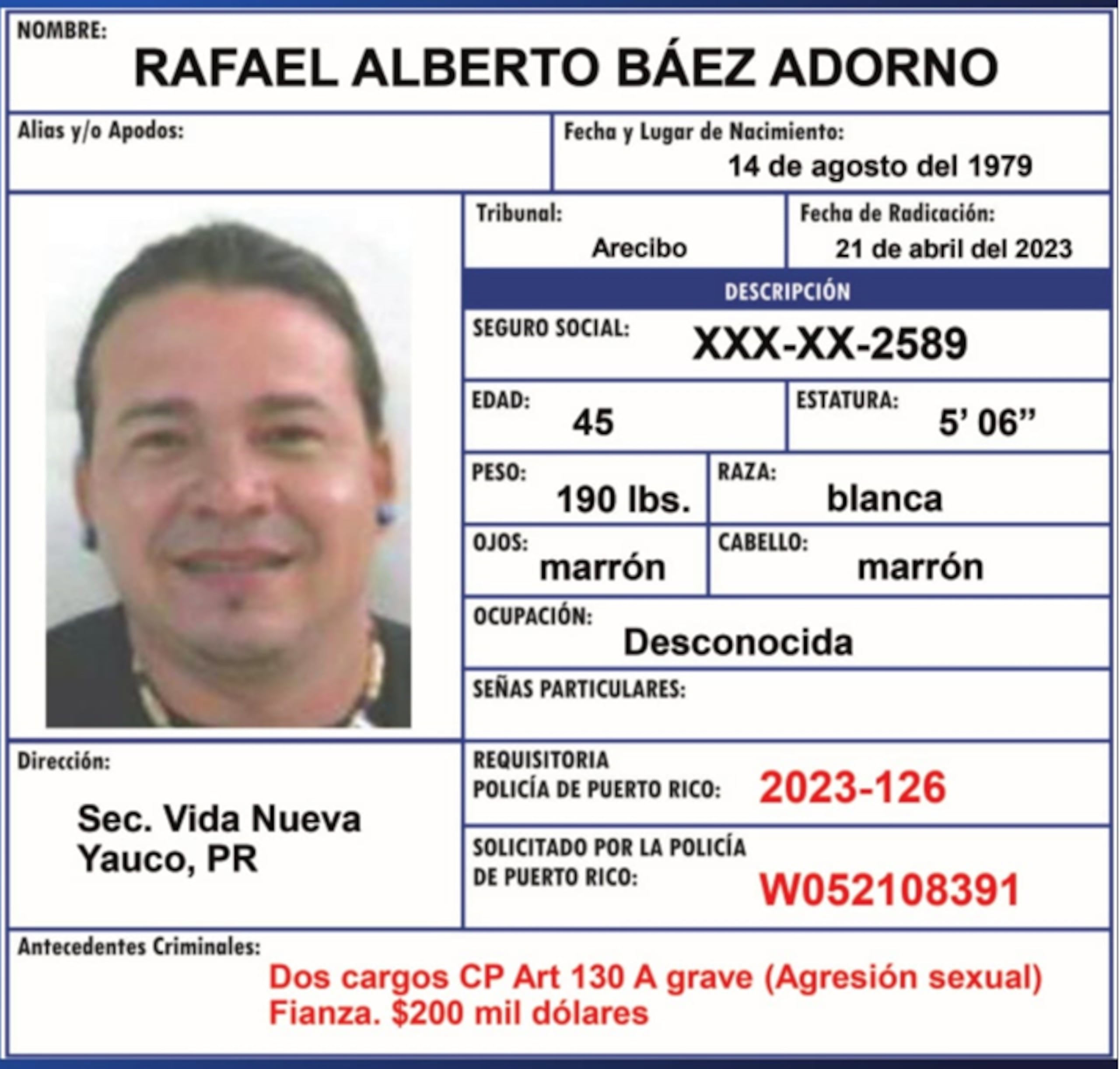 Contra Rafael A. Báez Adorno, arrestado en Middletown, Ohio, pesan cargos de agresión sexual contra una menor.