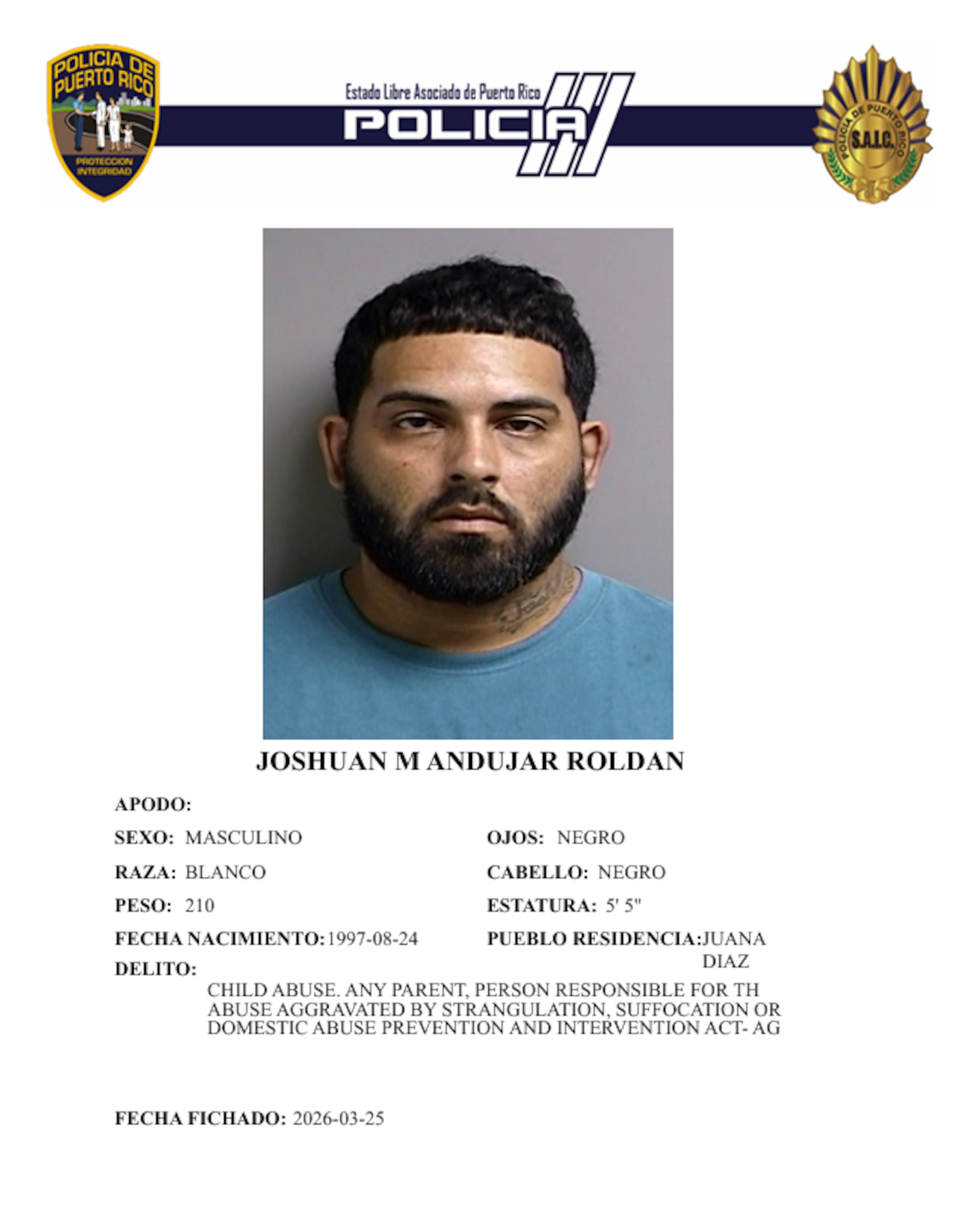 El fugitivo Joshuan M. Andújar Roldán, fue capturado en una residencia abandonada en San Lorenzo.