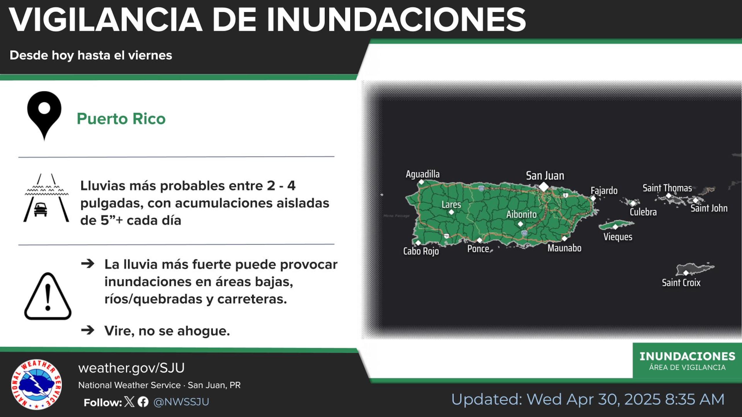 Vigilancia de inundaciones para Puerto Rico emitida el 30 de abril de 2025.