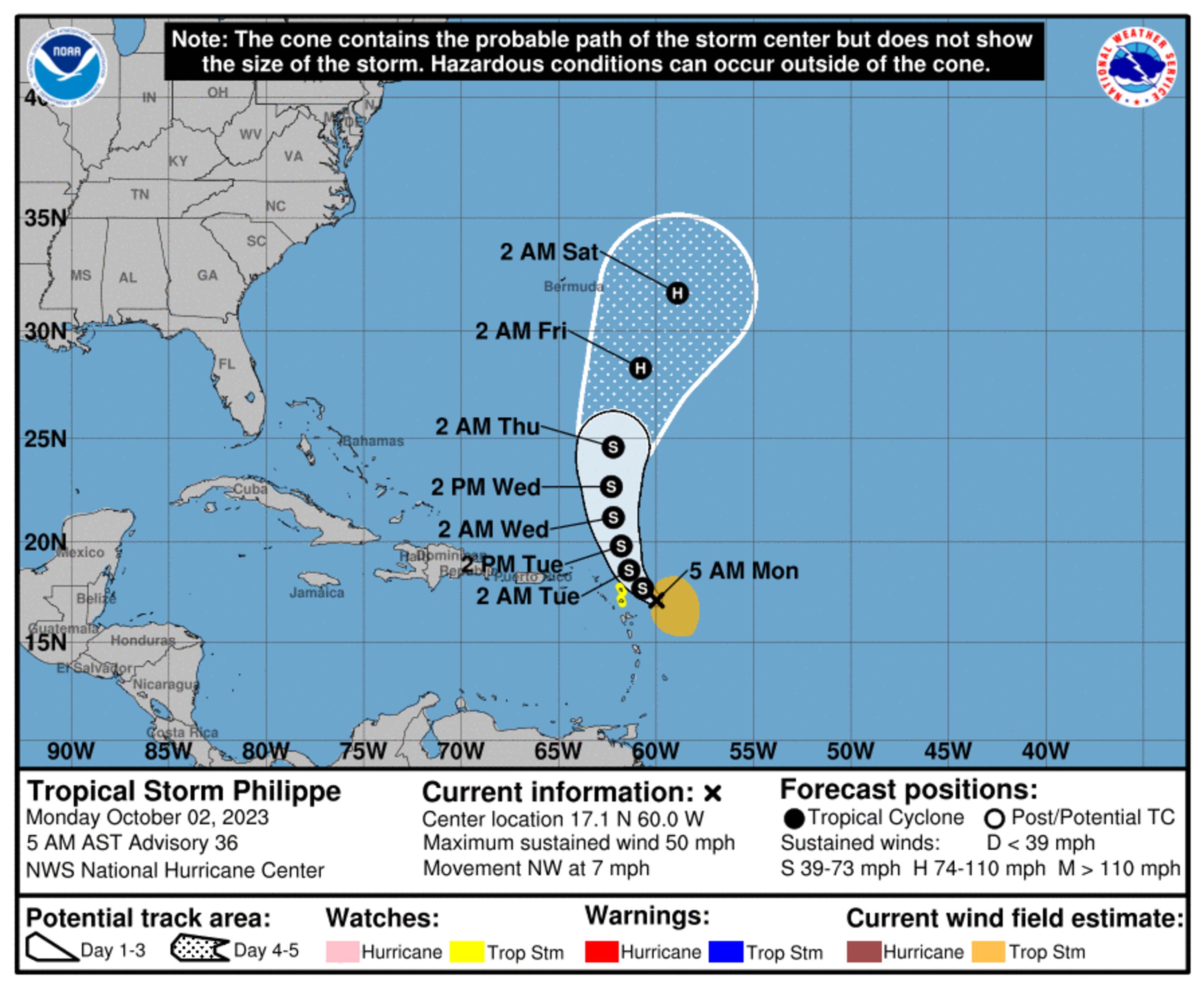 Pronóstico de la tormenta tropical Philippe emitido a las 5:00 de la mañana del 2 de octubre de 2023.