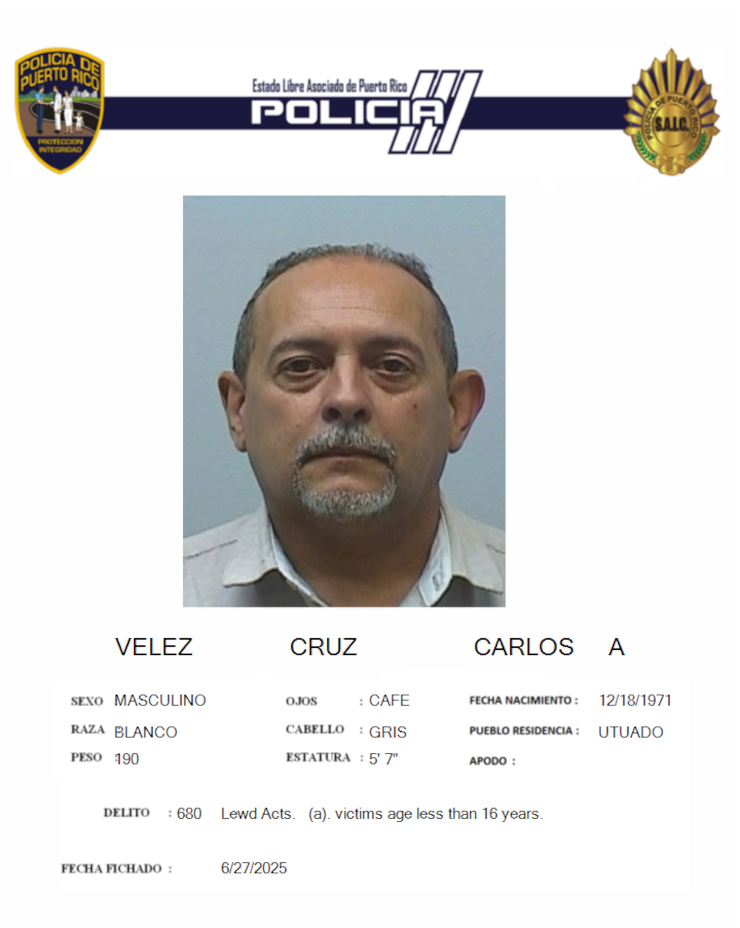 Al exagente Carlos A. Velez Cruz se le radicaron tres cargos por actos lascivos y dos por maltrato de menores.