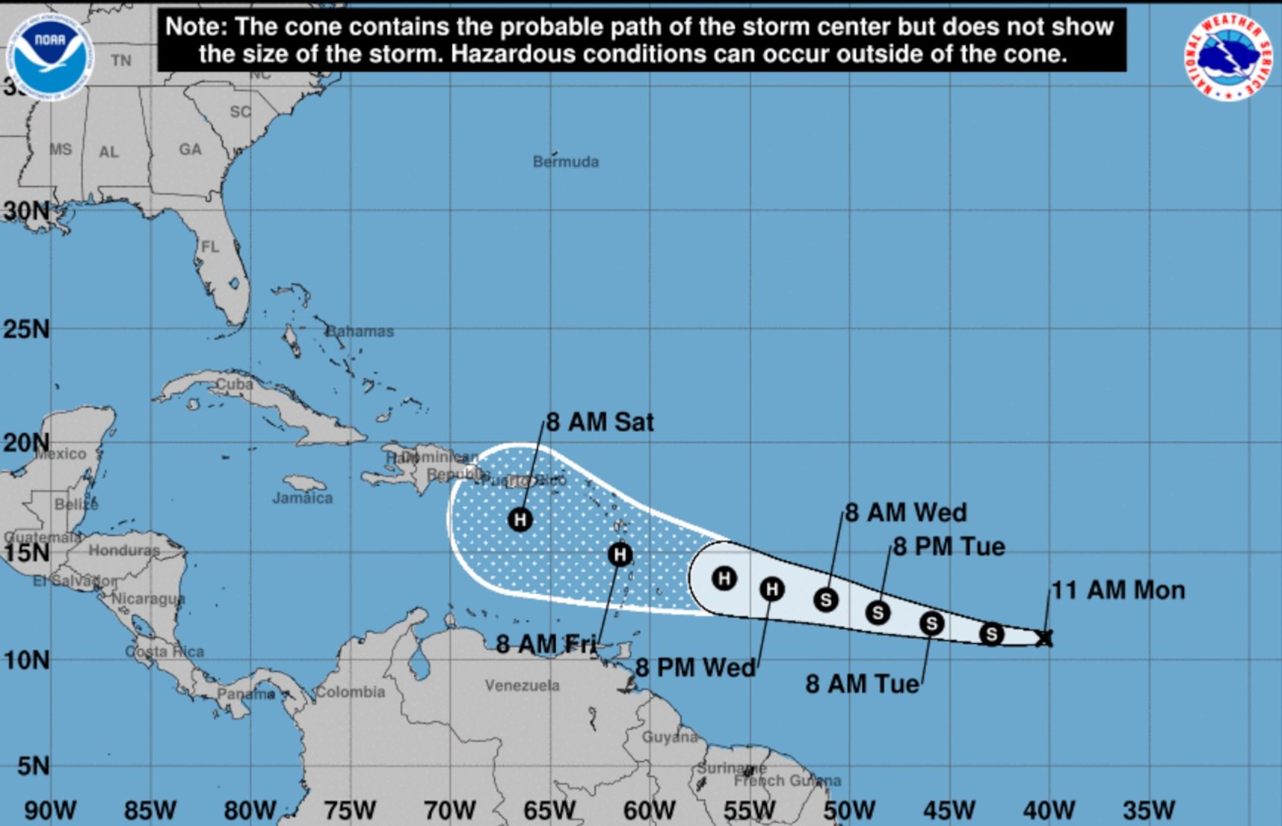 Según el boletín emitido a las 11:00 de la mañana por el Centro Nacional de Huracanes, para el próximo miércoles el sistema alcanzaría fuerza de huracán y para la mañana del sábado estaría al sur de Puerto Rico.