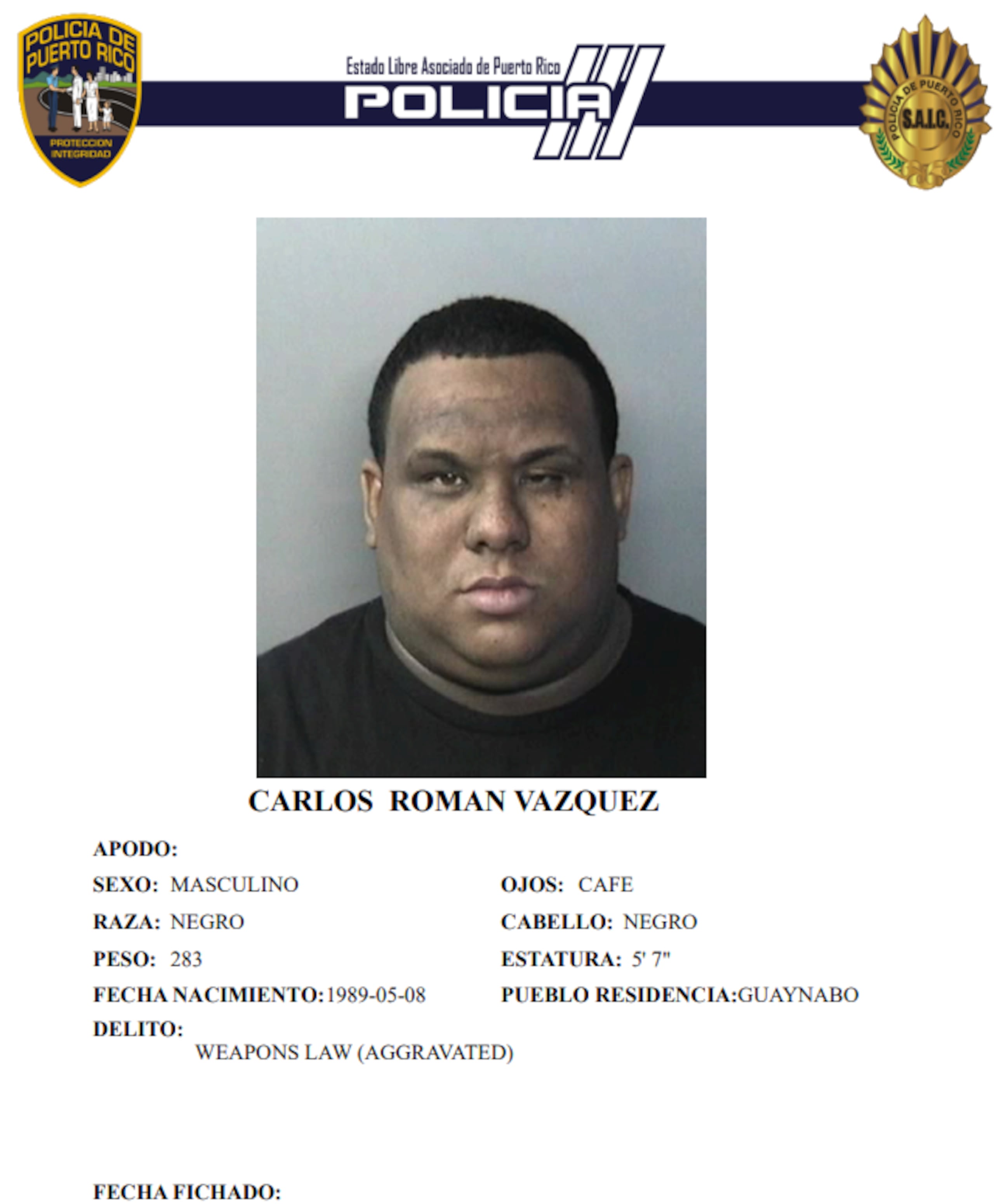 Ficha policial de Carlos Román Vázquez, de 36 años, conocido como “Cascote”.