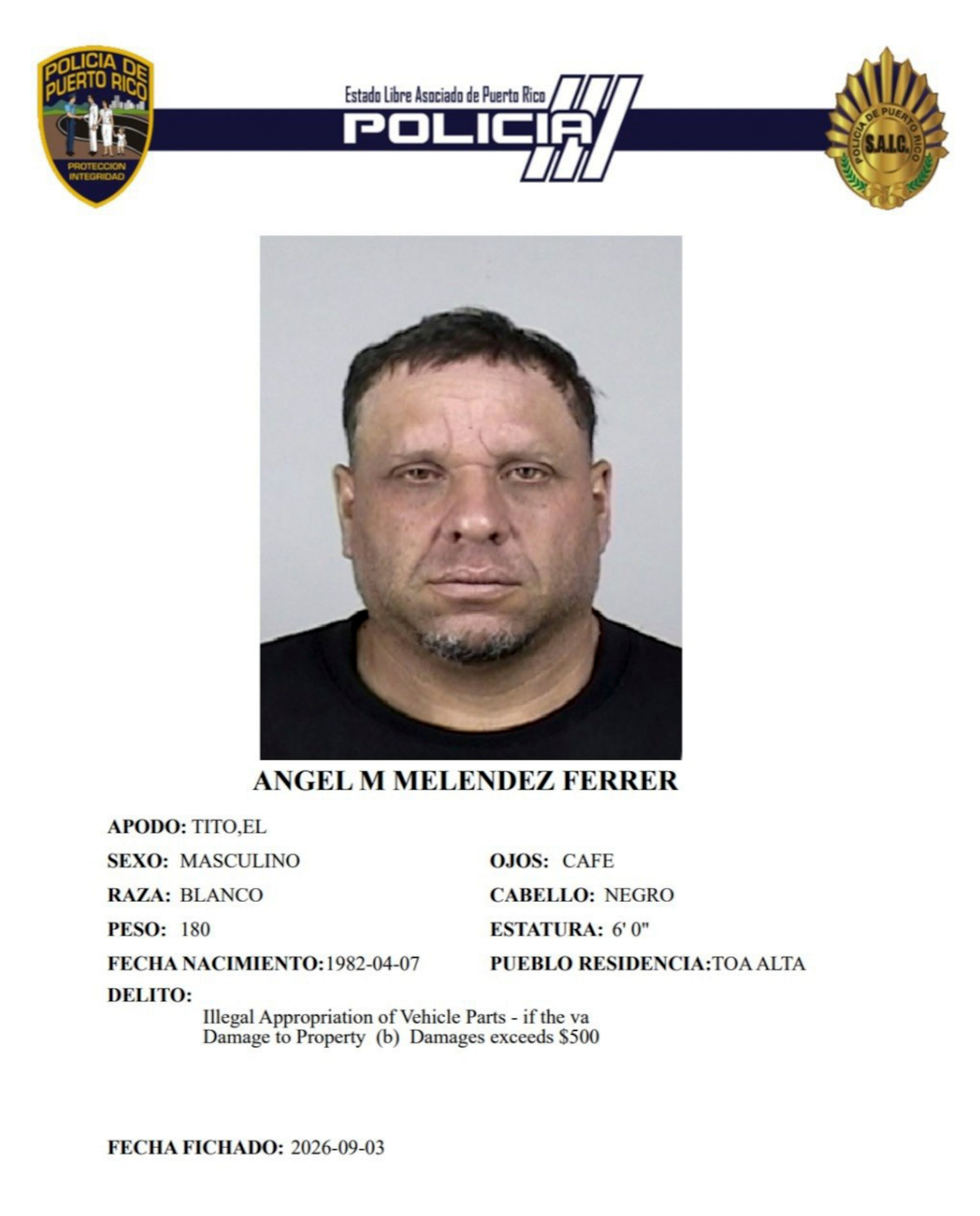Ángel Manuel Meléndez Ferrer, imputado por el robo de un espejo retrovisor en el centro comercial Plaza del Sol en Bayamón.
