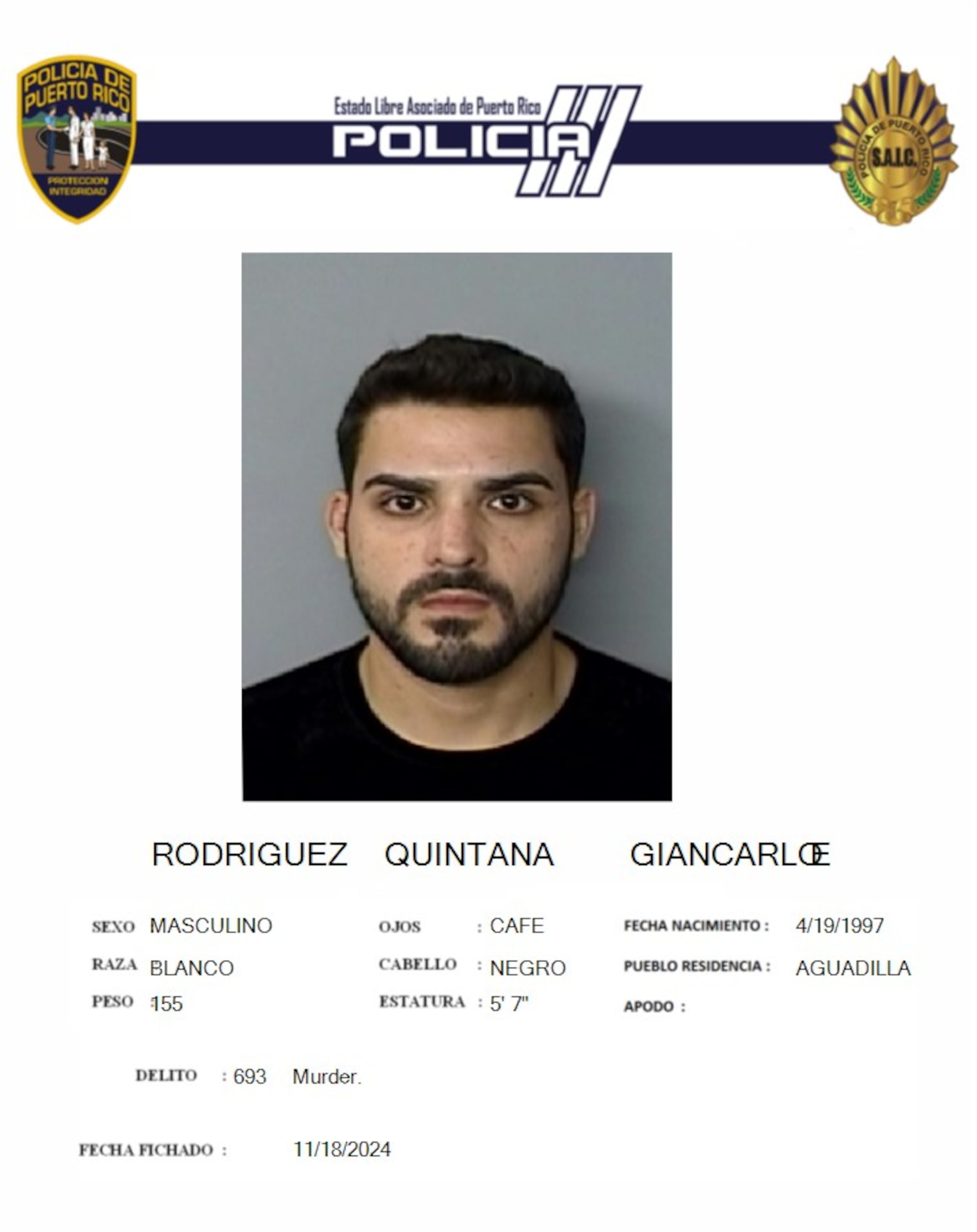 Giancalo E. Rodríguez Quintana, enfrenta cargos por homicidio y violación a la Ley de Armas.