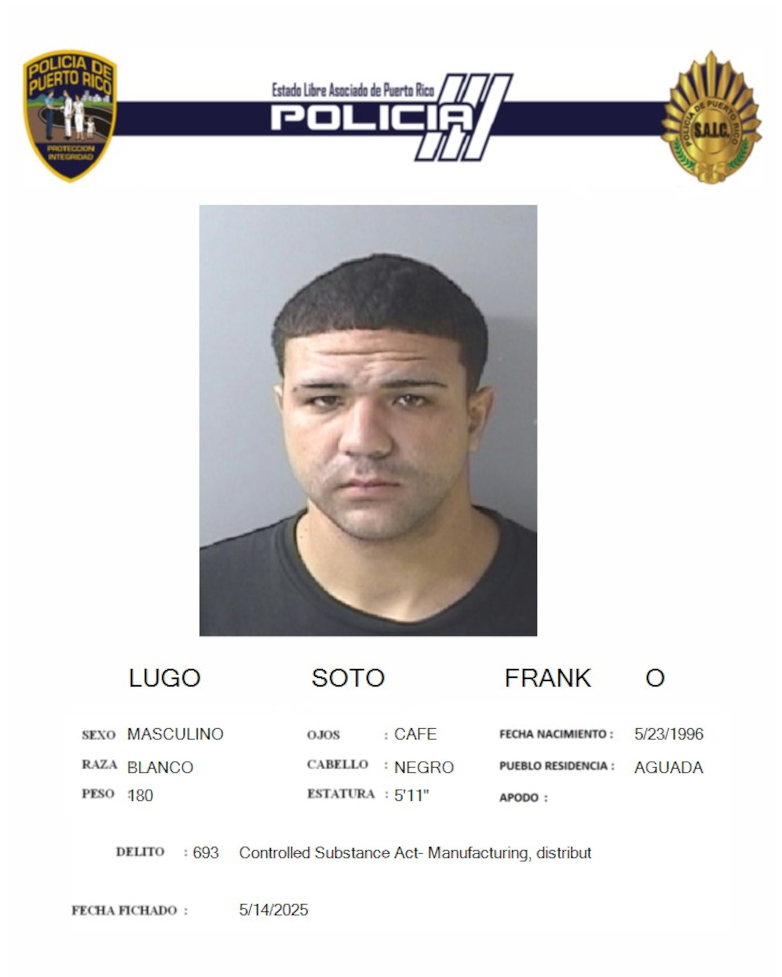 Frank O. Lugo Soto, fue acusado por violación a la Ley de Sustancias Controladas.