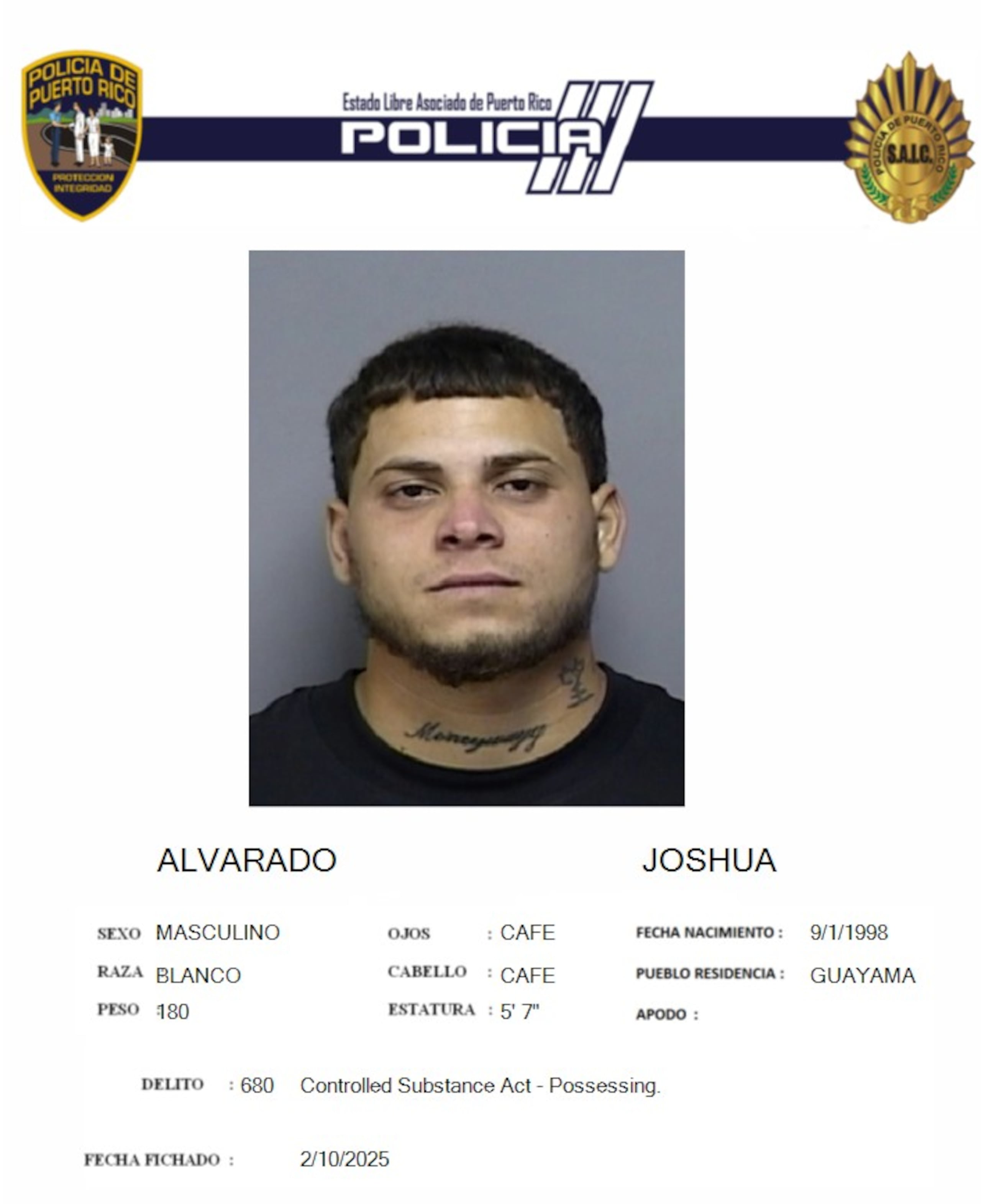 Joshua Alvarado, de 27 años, posee expediente criminal por sustancias controladas.